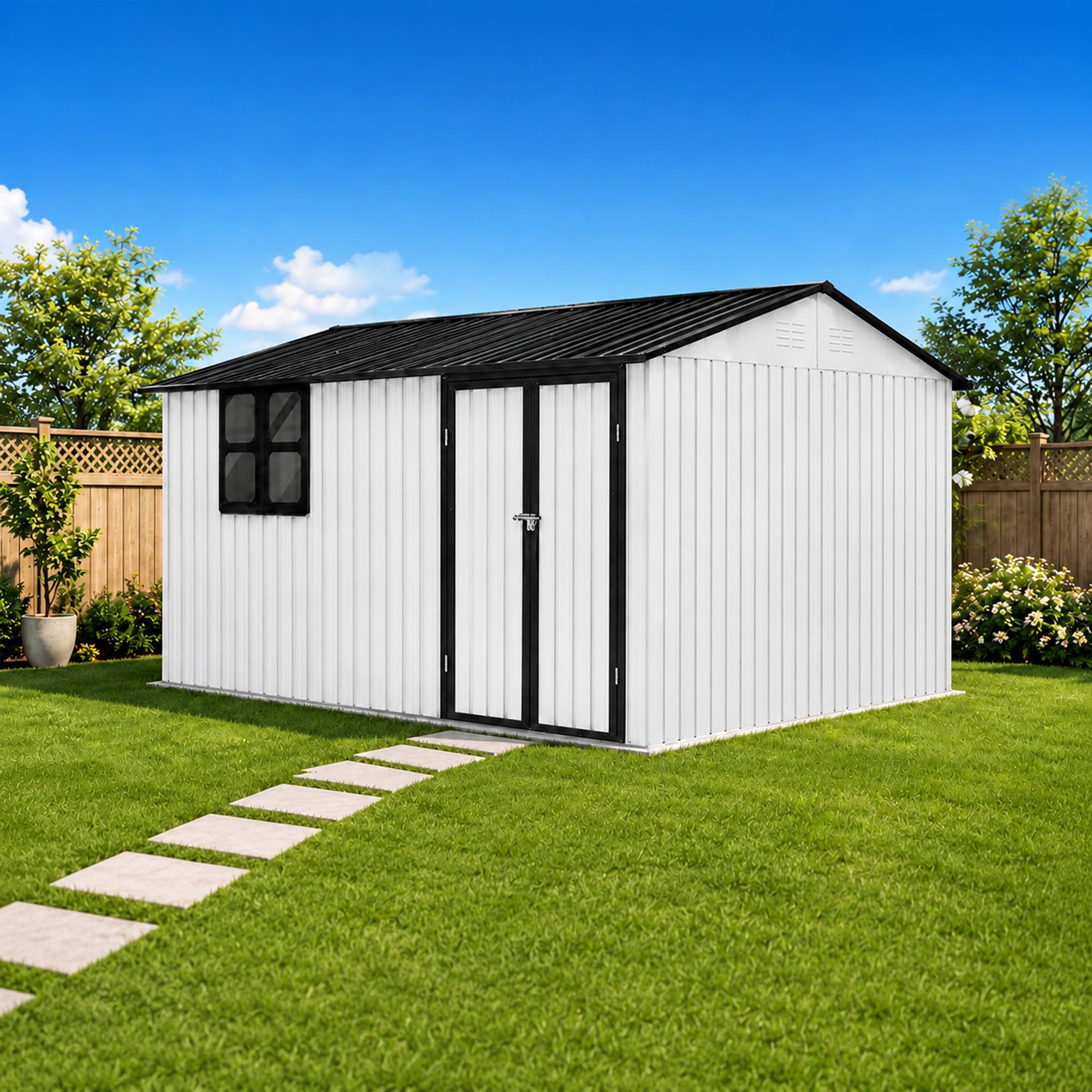Photo 1 of 10x12 FT Outdoor Storage Shed, Large Metal Garden Shed with Window & Hinged Door, Upgraded Outside Tool Shed with Foldable Worktable & 2 Shelves, Waterproof Storage Building for Backyard, White+Black