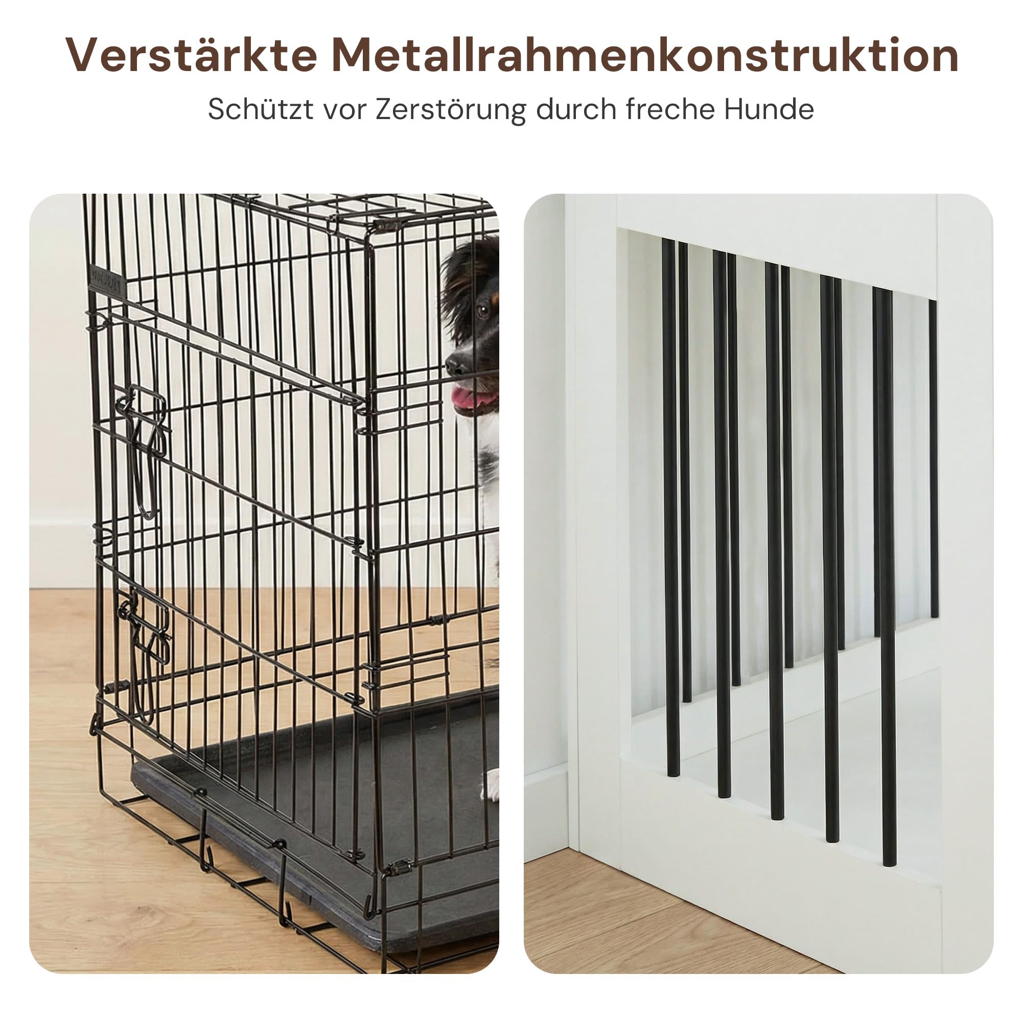 CLIPOP Hundekäfig Möbel, hundebox für zuhause, 125x60x88cm, Abschließbare Hundehütte, Moderne hundebox Holz Indoor, mit Schublade und Hundenapf, Vintagebraun und Weiß