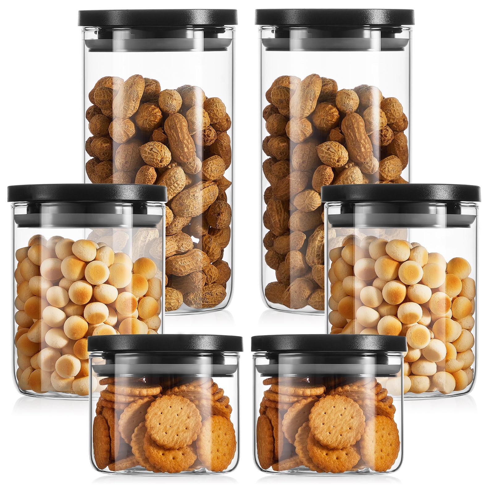 Rtteri 6 Pcs Glass Jars with Black Lids 15oz 27oz 41oz Canisters with Black Airtight Lids Stackable Glass Food Storage Containers Pantry Storage Jars PP Material Airtight