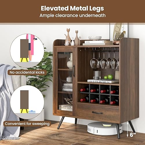 Miniatura 6 de COSTWAY Armario de almacenamiento de vino, gabinete de buffet de bar con soporte de 3 filas, estante de vino extraíble, puerta de vidrio templado y