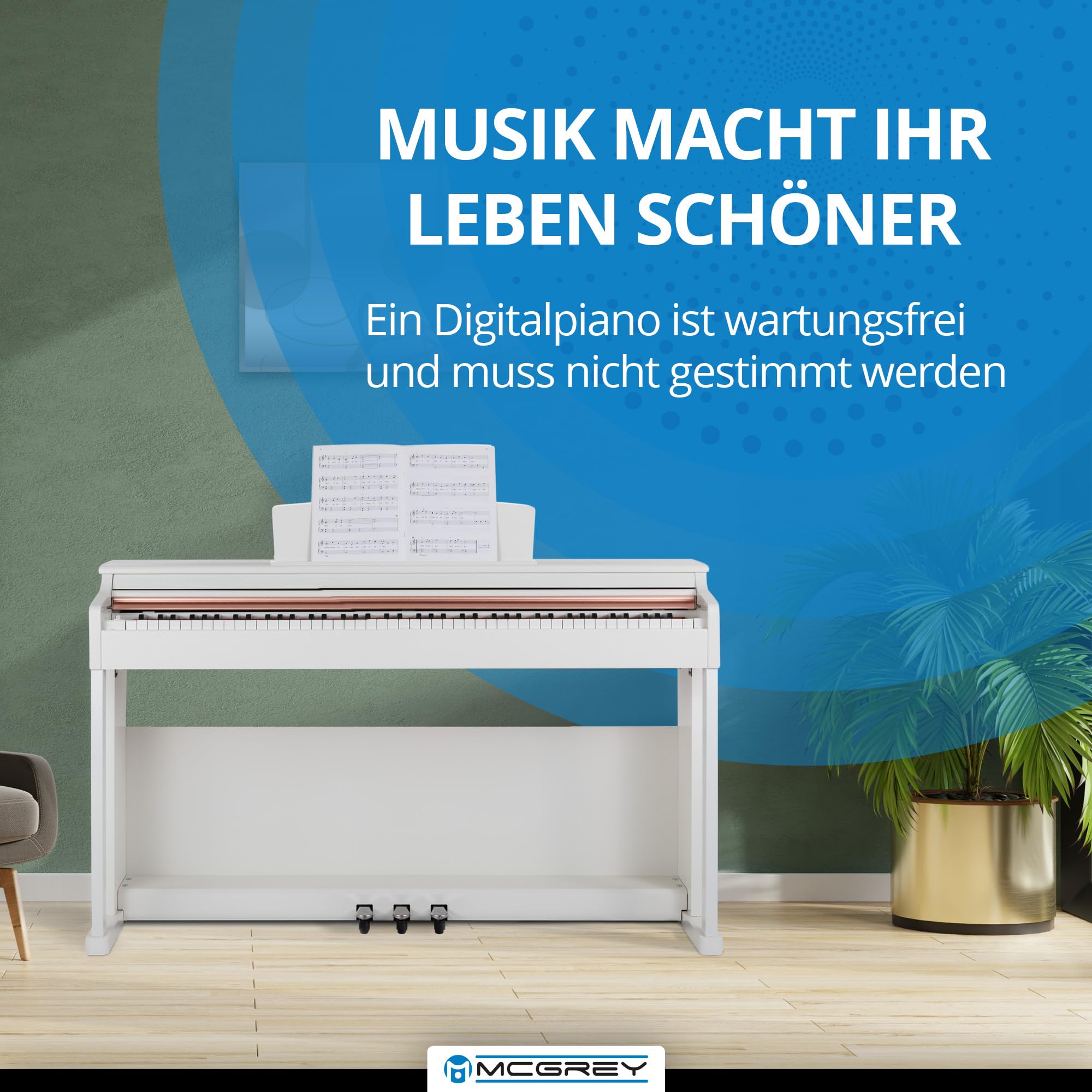 McGrey DP-19 WM E-Piano Set - 88 gewichtete Tasten mit Hammermechanik und Anschlagdynamik - 8 Klänge - Tastaturabdeckung - inkl. Klavierbank, Kopfhörer und Klavierschule - Weiß matt