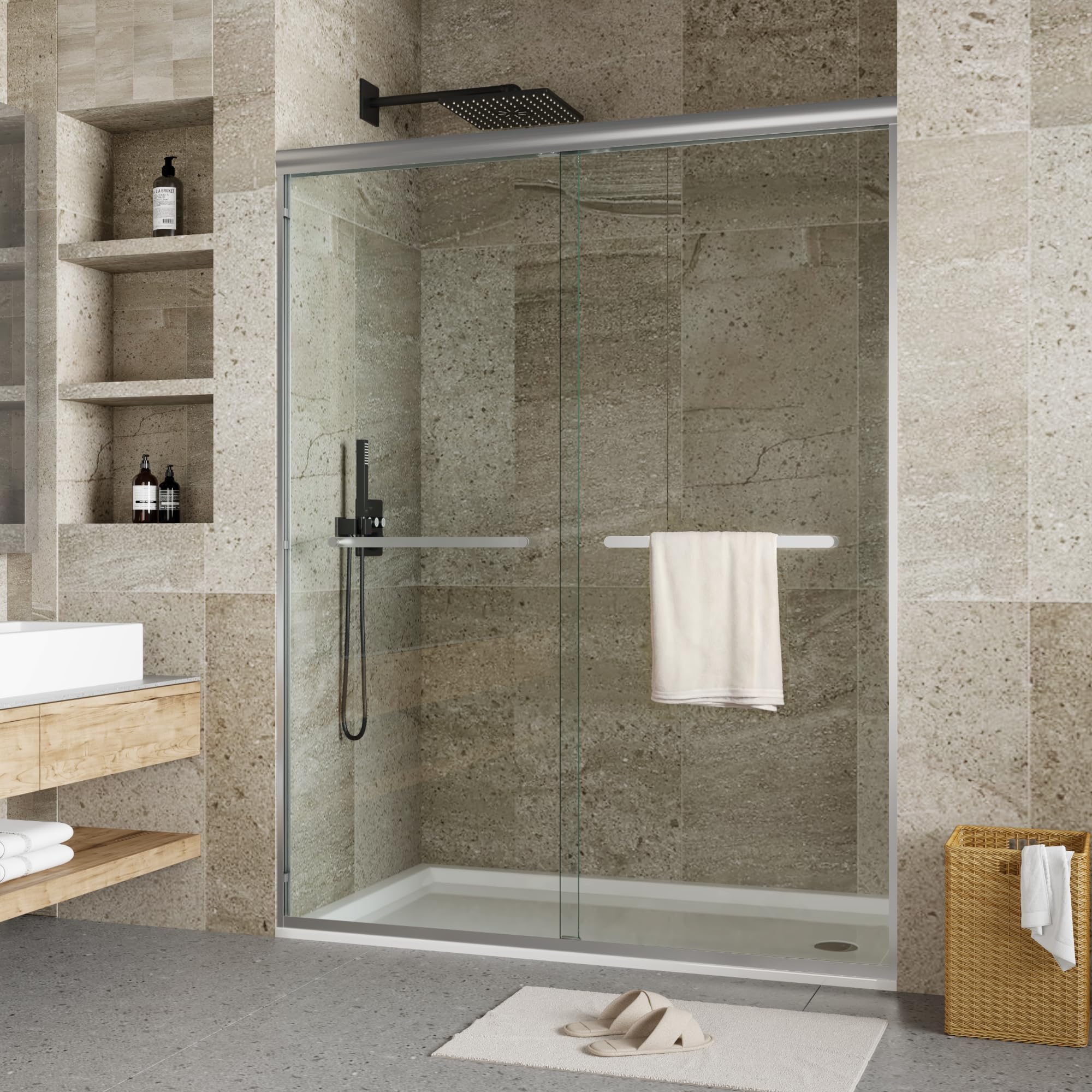 Double Sliding Shower Door, 56"-60" w x 72" h Semi-Frameless Bypass Bathroom Door with 1/4" Tempered Glass,Brushed Nickel Finish for Walk-in Shower