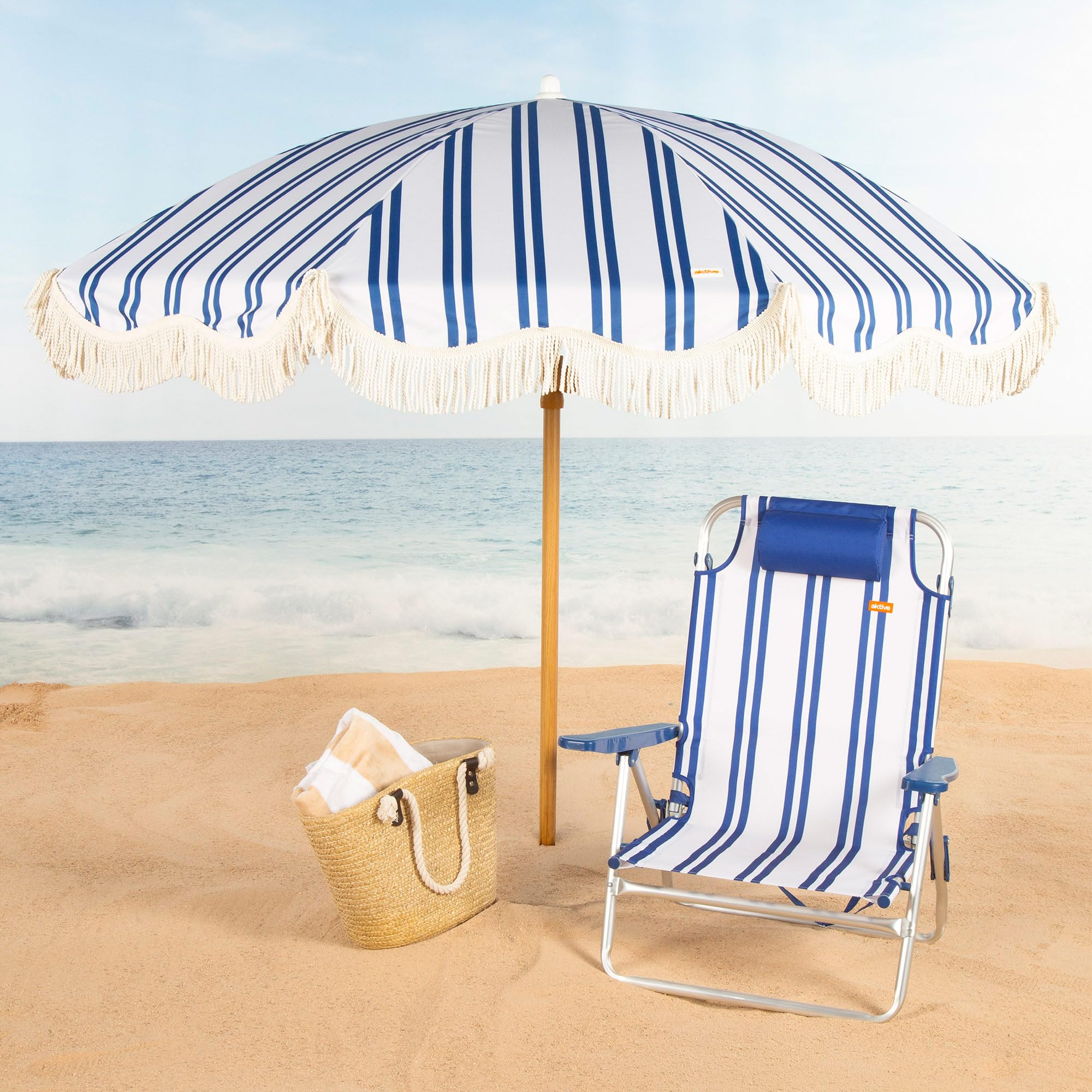 AKTIVE Silla de Playa Plegable, Rayas marineras, 48x45x83 cm, 6 Posiciones, Aluminio y poliéster, Peso soportado 110 kg, Cojín Acolchado, Asa Transporte, Tumbona (62508)
