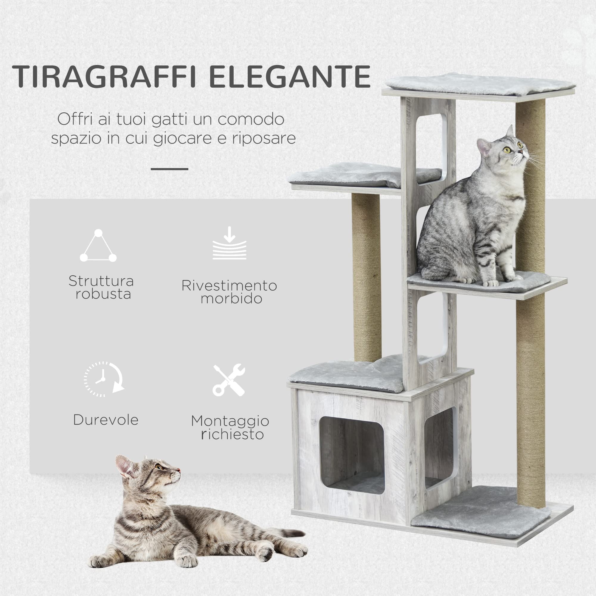 PawHut Albero Tiragraffi per Gatti Multi-livello con Cuccia e Corde in Iuta, 67x38.5x114 cm, Grigio