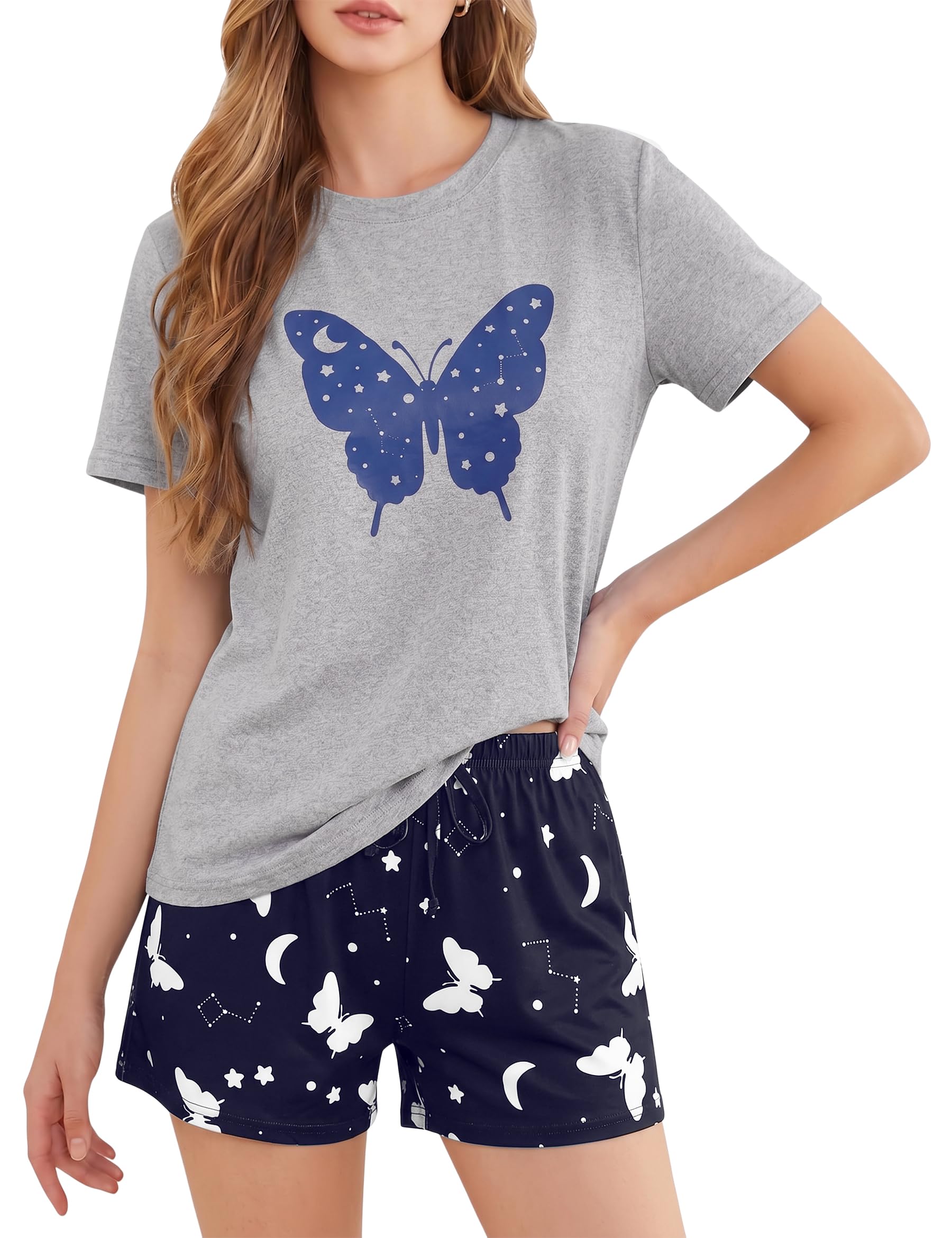 Leversic Damen Schlafanzug Kurz Pyjama Set aus Baumwoll-Mix, Sommer Nachtwäsche Zweiteiler mit Print-Motiv, Kurzarm Shirt und Shorts Loungewear Set für Frauen