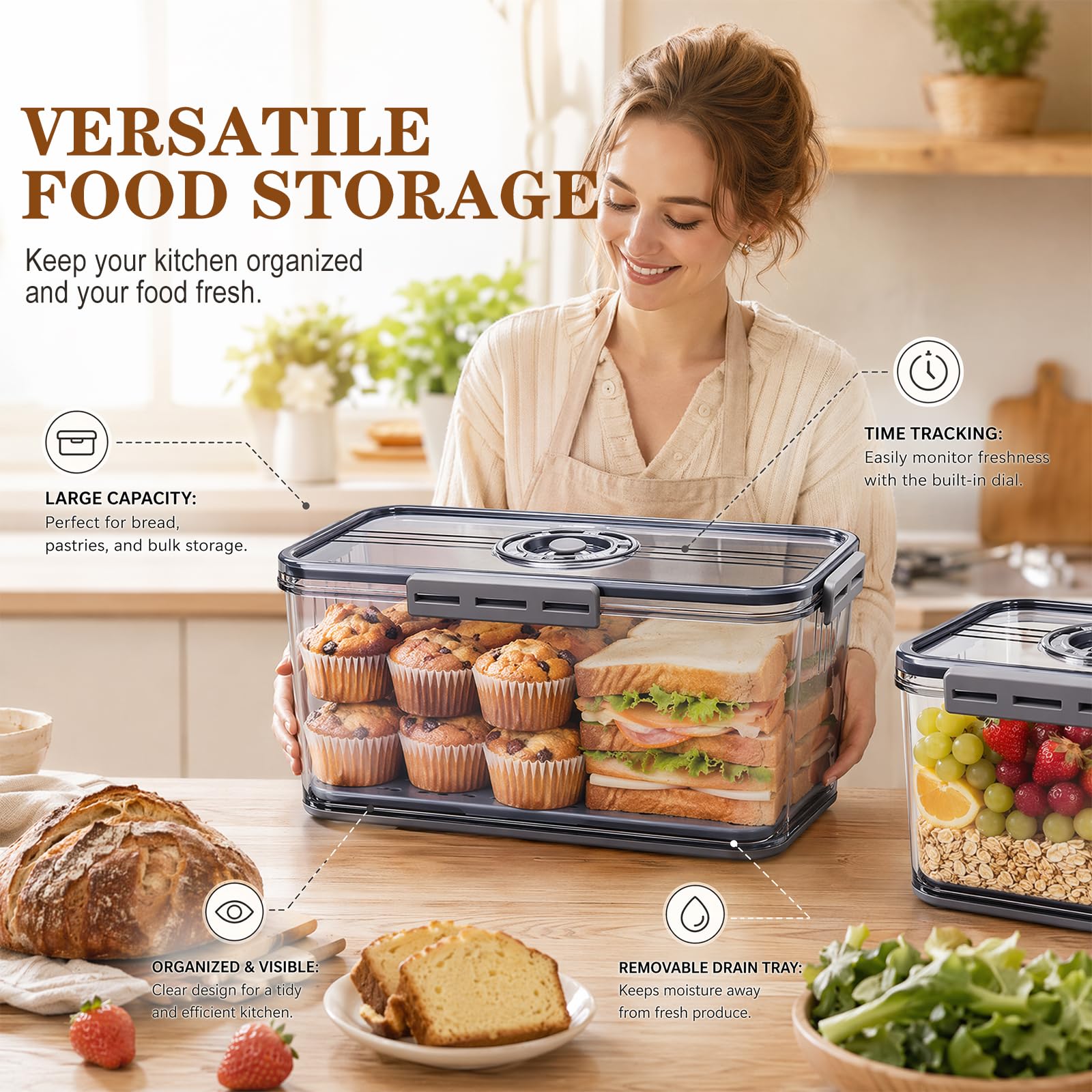 Contenitore Ermetico per Pane Frutta e Verdura, Scatola Conservazione con Vaso Drenante Interno, Design Trasparente con Indicatore Data, Plastica Alimentare per Frigorifero