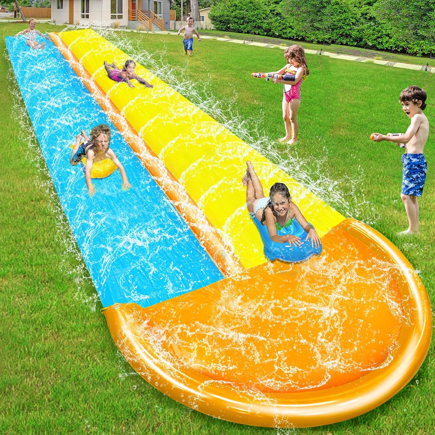 Sloosh 22,5ft x 62in/685,8 * 157,5cm Tobogán de Agua Doble para césped, tobogán Resistente con rociador y 2 Tablas inflables, Fiesta de Verano, jardín, Actividades acuáticas al Aire Libre Sloosh 22,5ft x 62in/685,8 * 157,5cm Tobogán de Agua Doble para césped, tobogán Resistente con rociador y 2 Tablas inflables, Fiesta de Verano, jardín, Actividades acuáticas al Aire Libre