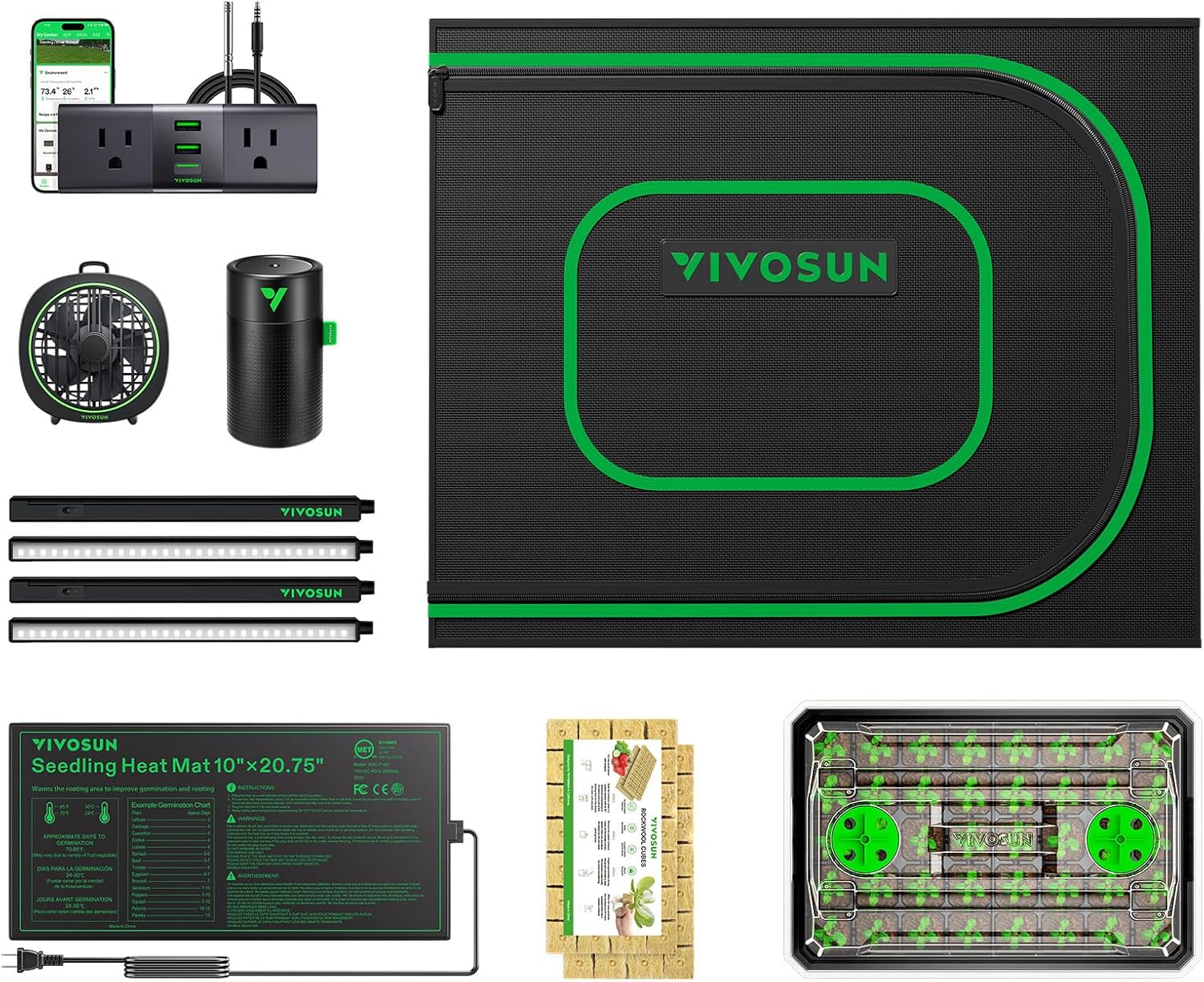 VIVOSUN Clone Tent Kit 24" x 16" x 20", with T5 Full-Spectrum Grow Light, Seed Starter Tray, Heat Mat, AeroStream U075 Humidifier, and AeroWave D4 Clip Fan, for Indoor Plant Germination, Cloning