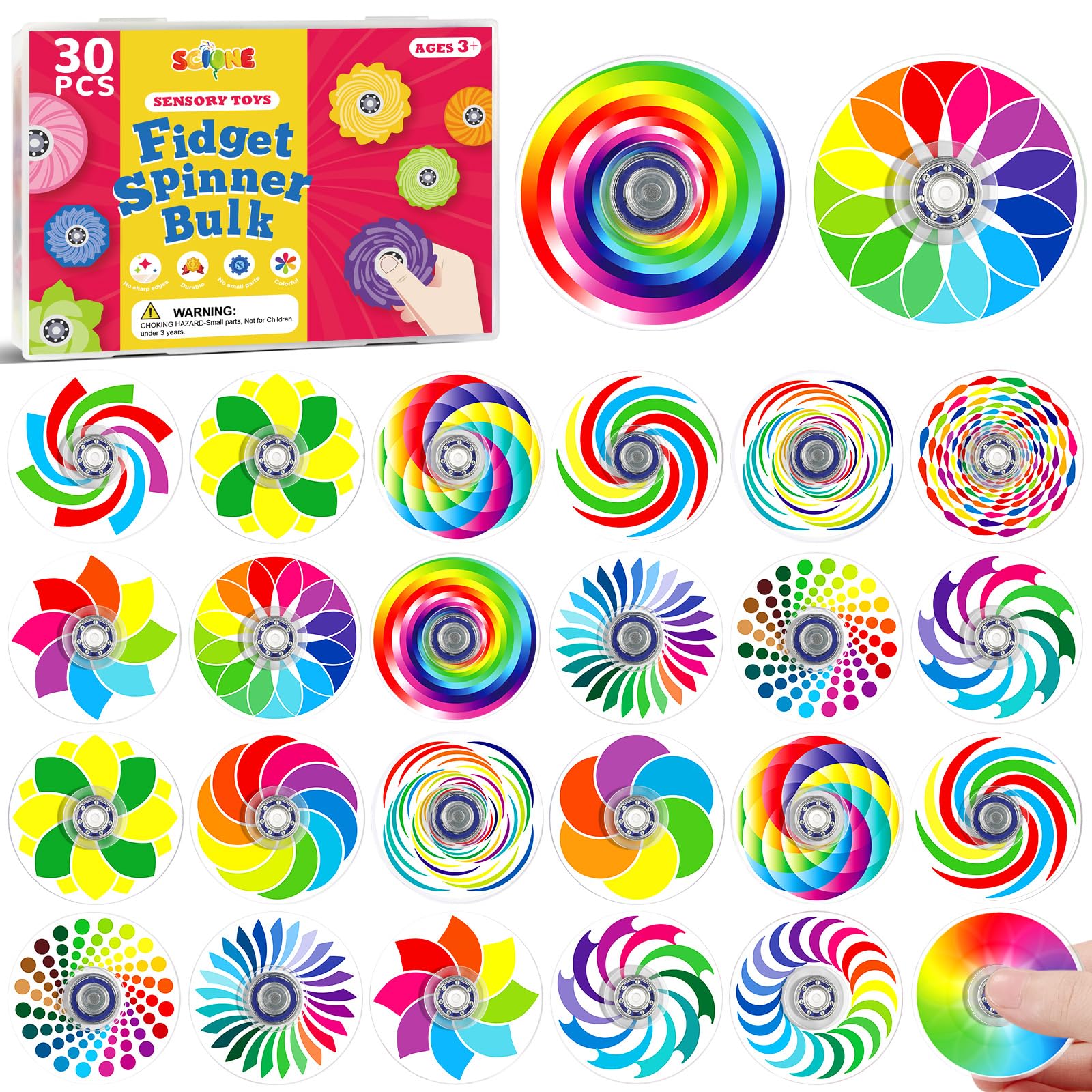 SCIONE 30 Pack Mini Fidget Spinners Party Bag Fillers for Kids, 15 Unique Rainbow Geometric Patterns Acrylic Hand Spinners, Bulk Sensory Toys for Classroom Rewards, Pinata Fillers, 1.5"
