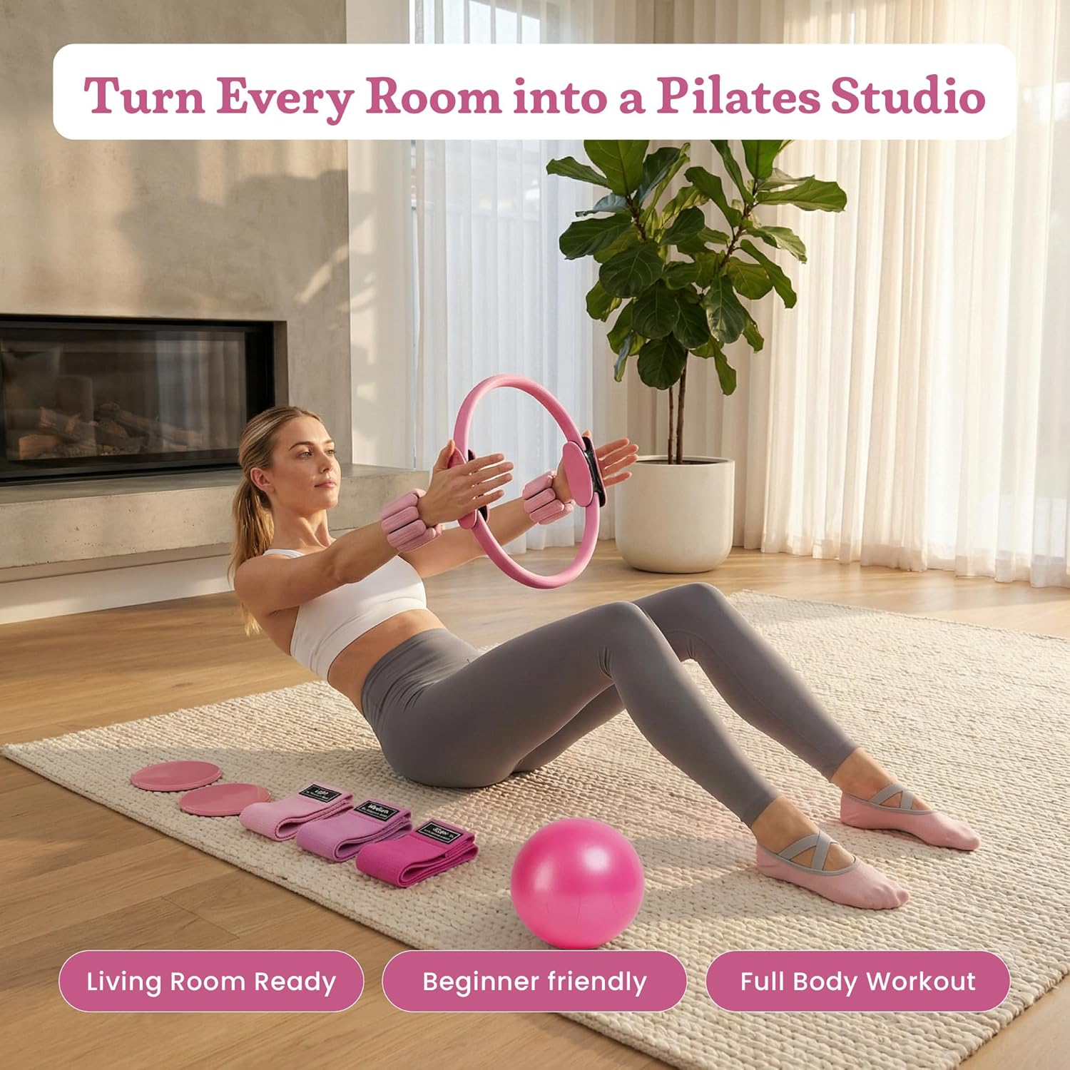 Premium Pilates Kit – Pilates Ring and Ball Set w/Ankle Weights, Fabric Resistance Bands, Sliders, Socks & Bag – Pilates Workout, Home Gym Equipment Accessories
