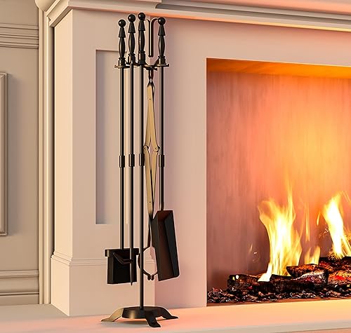 Miniatura 3 de Fire Beauty Juego de herramientas de chimenea de hierro forjado de 5 piezas, juego de herramientas de fuego para exteriores e interiores, juego de