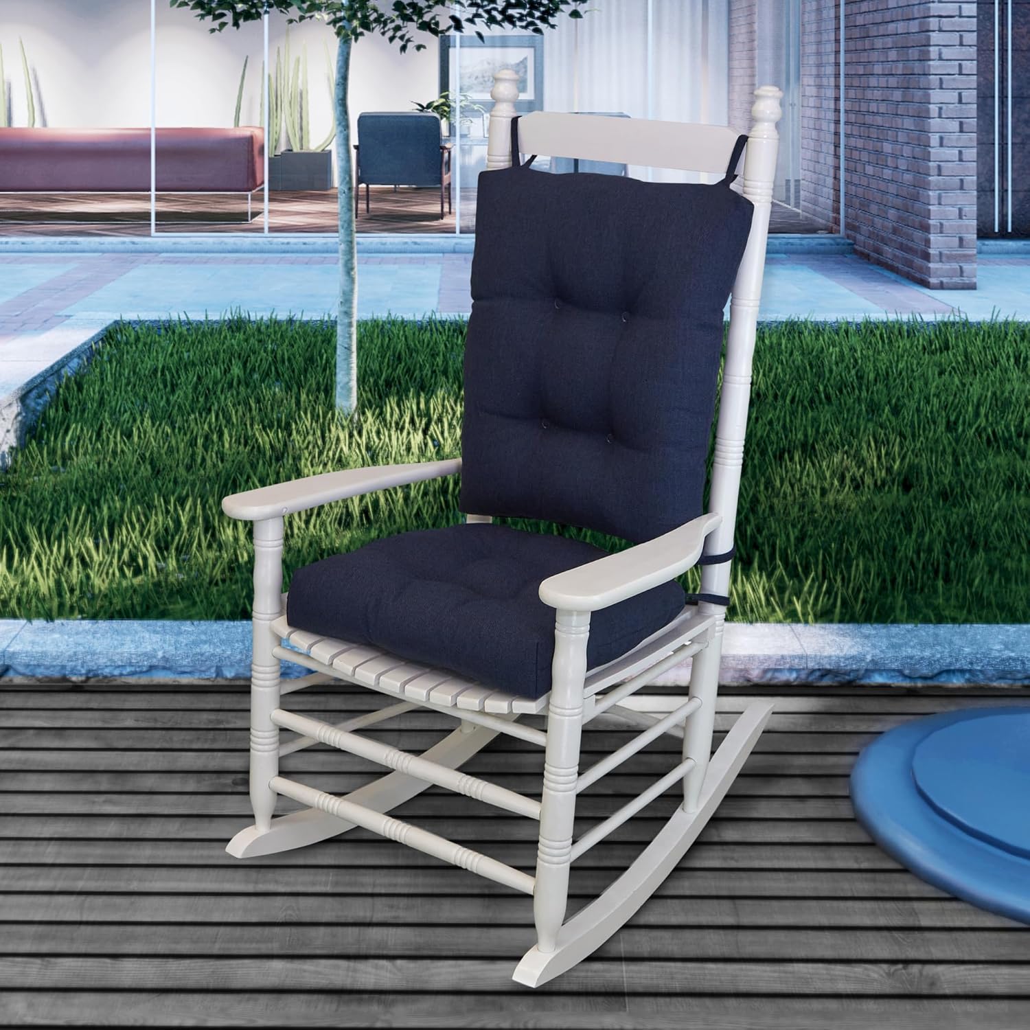 Klear Vu Rumba Outdoor Rocking Chair Cushion Set for Patio and Garden Furniture, Premium Water-Repellent Woven Fabric, Chemical-Free, Made in The USA, 4" Thick Seat and Back Pads with Ties, Indigo