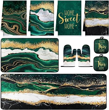 Fourluoo 10 Pcs Kitchen Dish Towels Rugs Oven Mitts and Pot Holders Kit Farmhouse Kitchen Decor Set Gloves Vintage Potholders for Baking Cooking ChefGreen,Modern