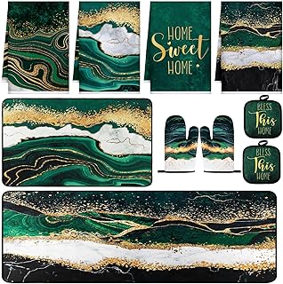 10 Pcs Christmas Marble Farmhouse Kitchen Decor Accessories Set Marble Kitchen Dish Towels Rugs Oven Mitts and Pot Holders Sets for Cooking Baking Daughter Mom Gift(Green)
