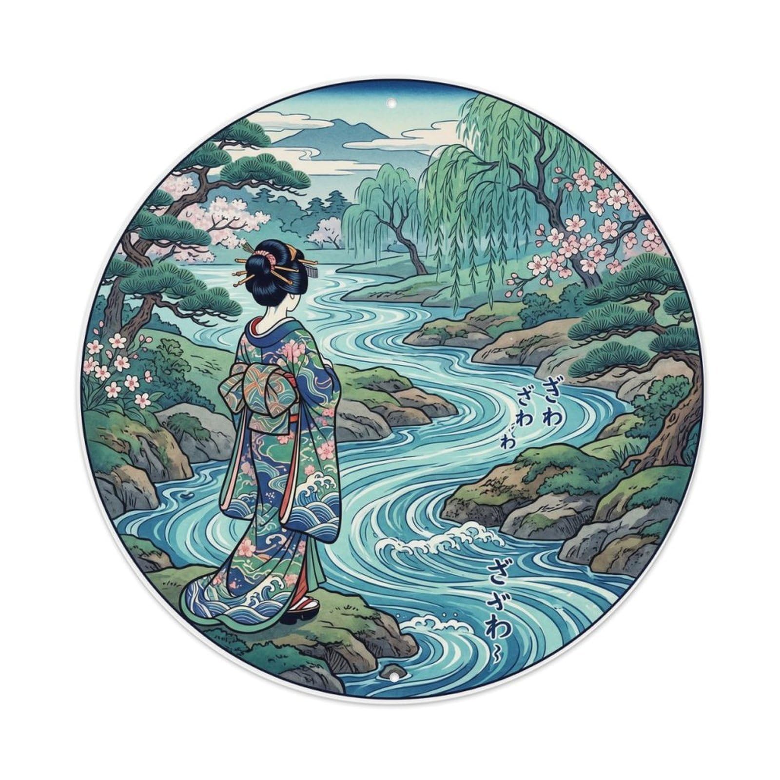 Galvaxio Style Japanese Kimono Woman Listening Stream Flowing Gently Metal Tin Sign