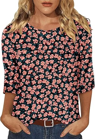 KISSMODA Women's Casual 3/4 Sleeve T-Shirts Round Neck Cute Tunic Tops Basic/Pleated Summer Tops Trendy Spring Blouses