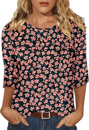 KISSMODA Women's Casual 3/4 Sleeve T-Shirts Round Neck Cute Tunic Tops Basic/Pleated Summer Tops Trendy Spring Blouses