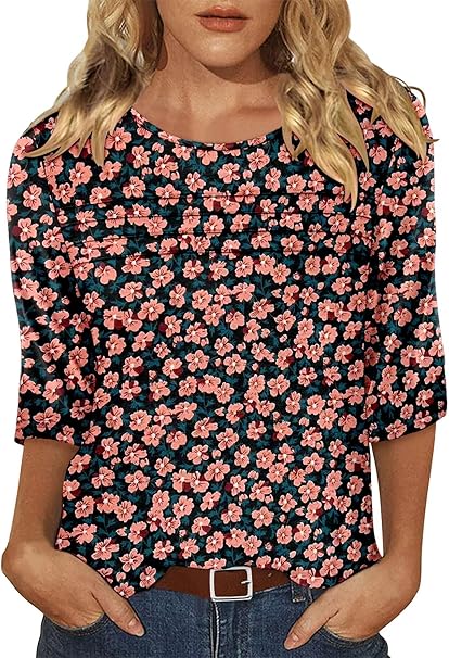 KISSMODA Women's Casual 3/4 Sleeve T-Shirts Round Neck Cute Tunic Tops Basic/Pleated Summer Tops Trendy Spring Blouses