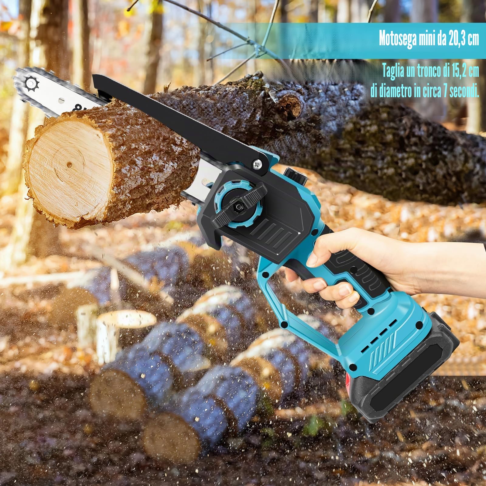 Potatore telescopico a batteria 2-in-1 e mini motosega da 8 pollici con 2 batterie da 6000mAh e caricabatterie, motore brushless, asta telescopica da 2,8 m, per alberi e rami alti (2x6000mAh batteria)