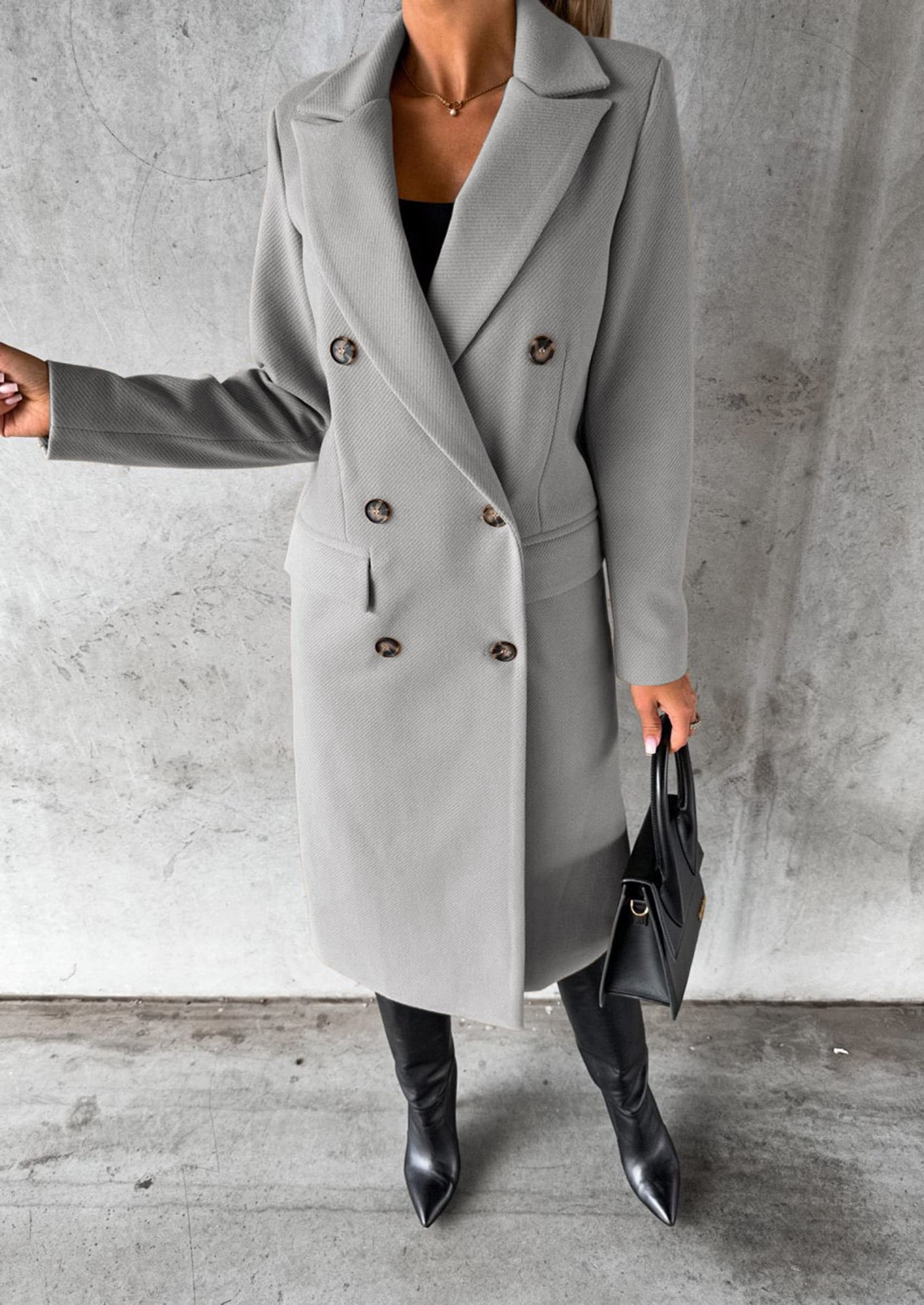 NLAVW Frauen Wollmantel, einfarbig Elegante Lange Übergangsmantel lässig locker Trenchcoat langärmelig Softshell Mantel Jacke Outwear Tops,Grau,M