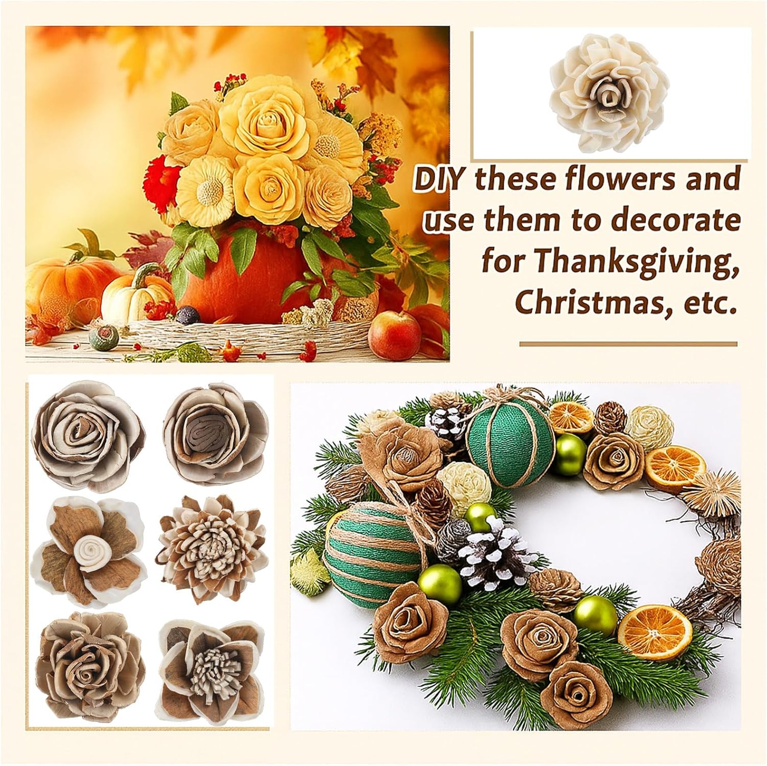AceOrbit Set of 50 DIY Sola Wood Flowers Assortment Small Craft Wooden Flowers Fake Flower Bulk for Wedding Home Decorations DIY Bouquet Gift Embellishments 1.38-1.77 Inch(Retro,Dark Brown)