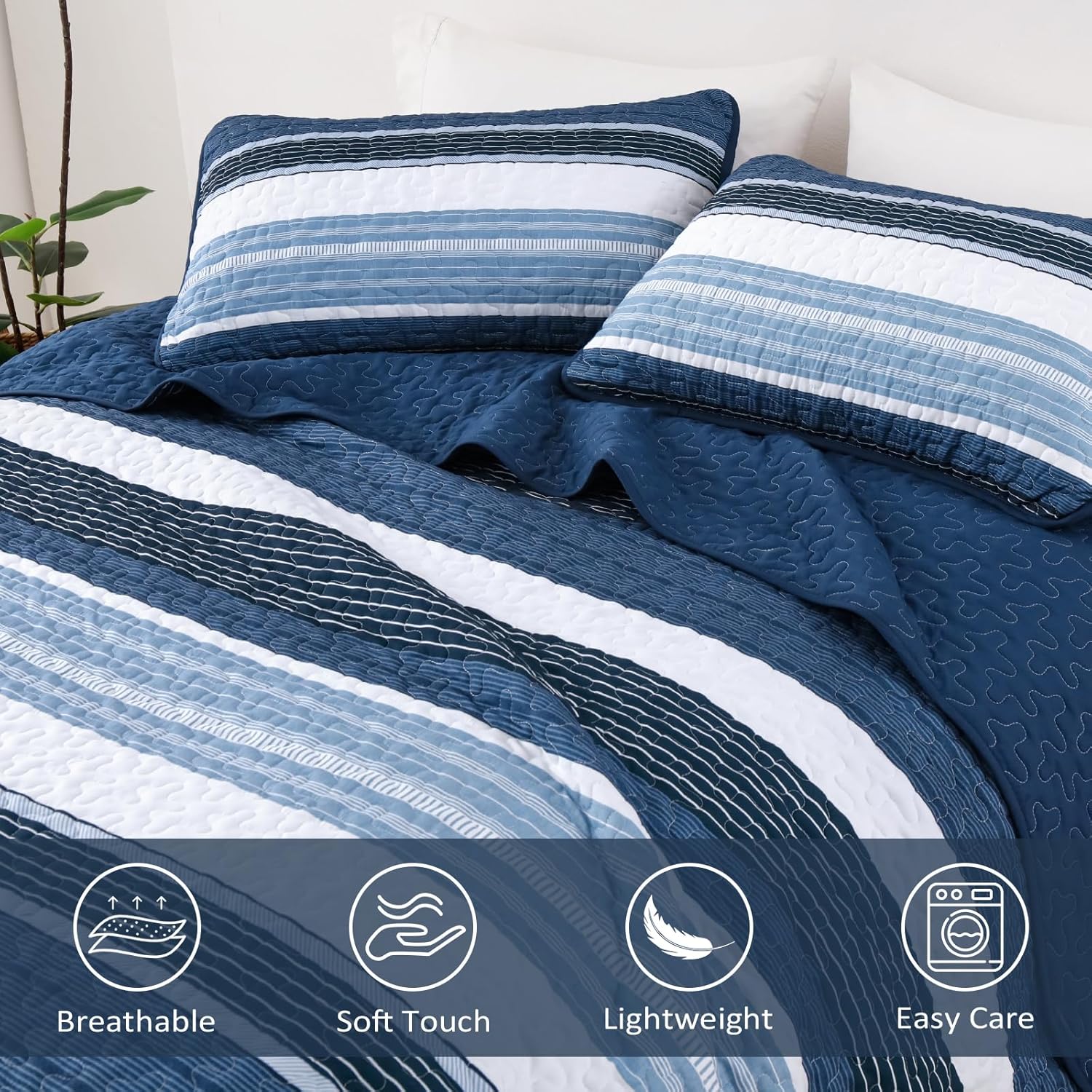 King Size Quilt Set Blue Striped 3 Piece Summer Patchwork Bedspreads Coverlet, Blue and White Lightweight Bedding Set with 2 Pillow Shams, Soft Microfiber Comforter Set for All Seasons, 110" × 90" - Image 5