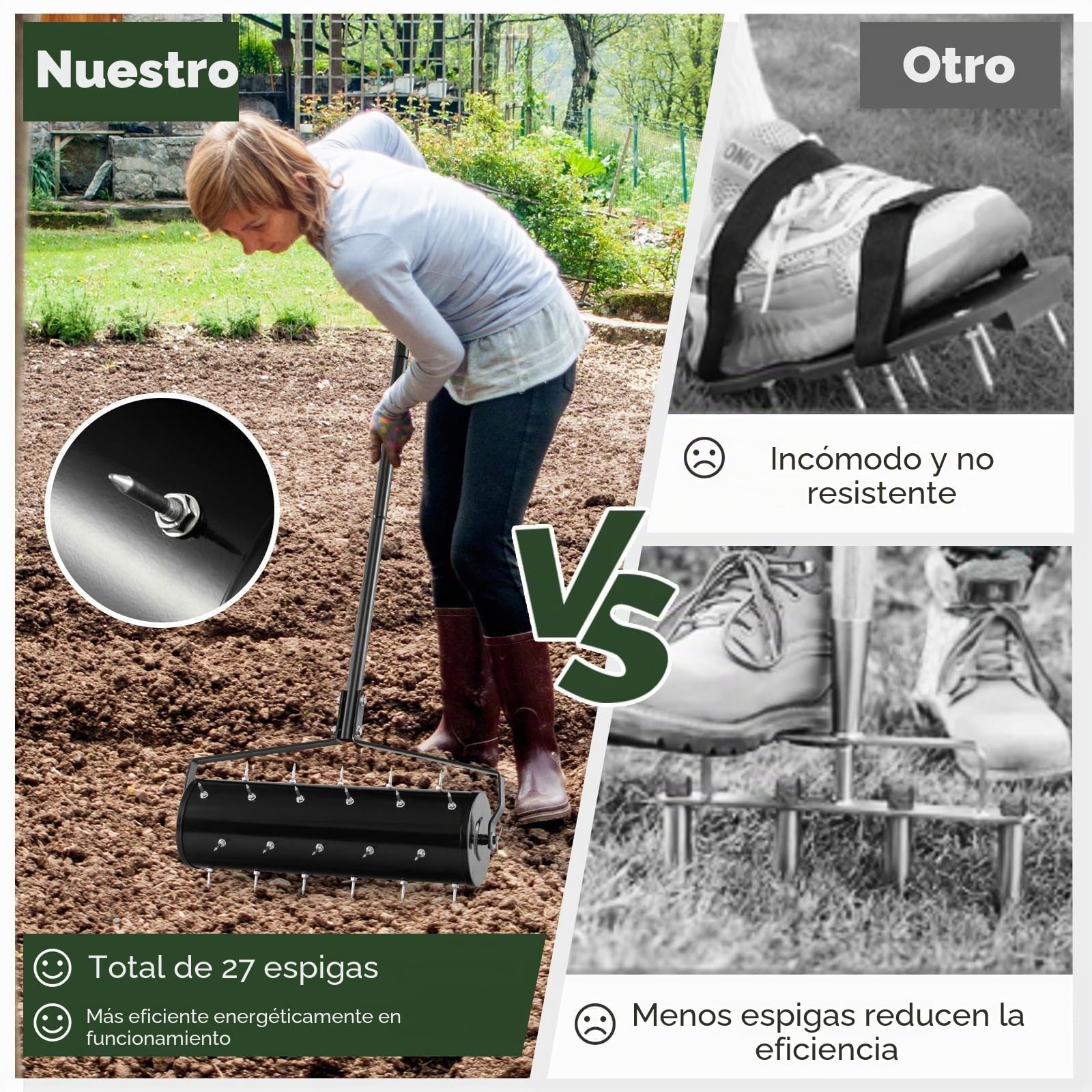 FANTASK Aireador de césped Manual de 53 x 130 cm, Rodillo de césped con Mango y Clavos, rociador de Mano, Rodillo de jardín, Color Negro