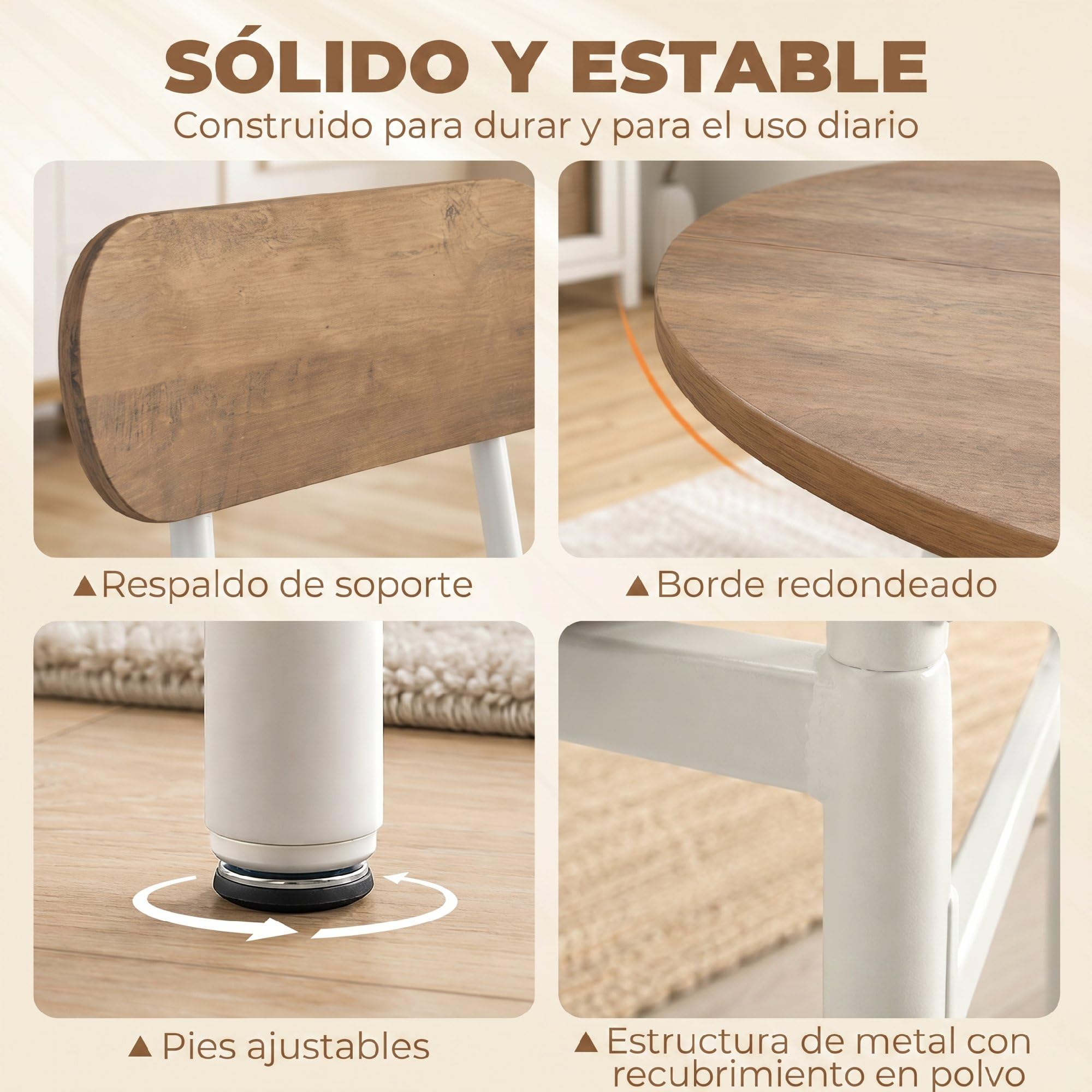 HOMCOM Juego de Mesa y Sillas de Comedor Compact de 5 Piezas Natural Blanco | Mesa de Cocina Redonda con 4 Sillas, Estilo Industrial, Marco Metálico, para Espacios Pequeños, Salón