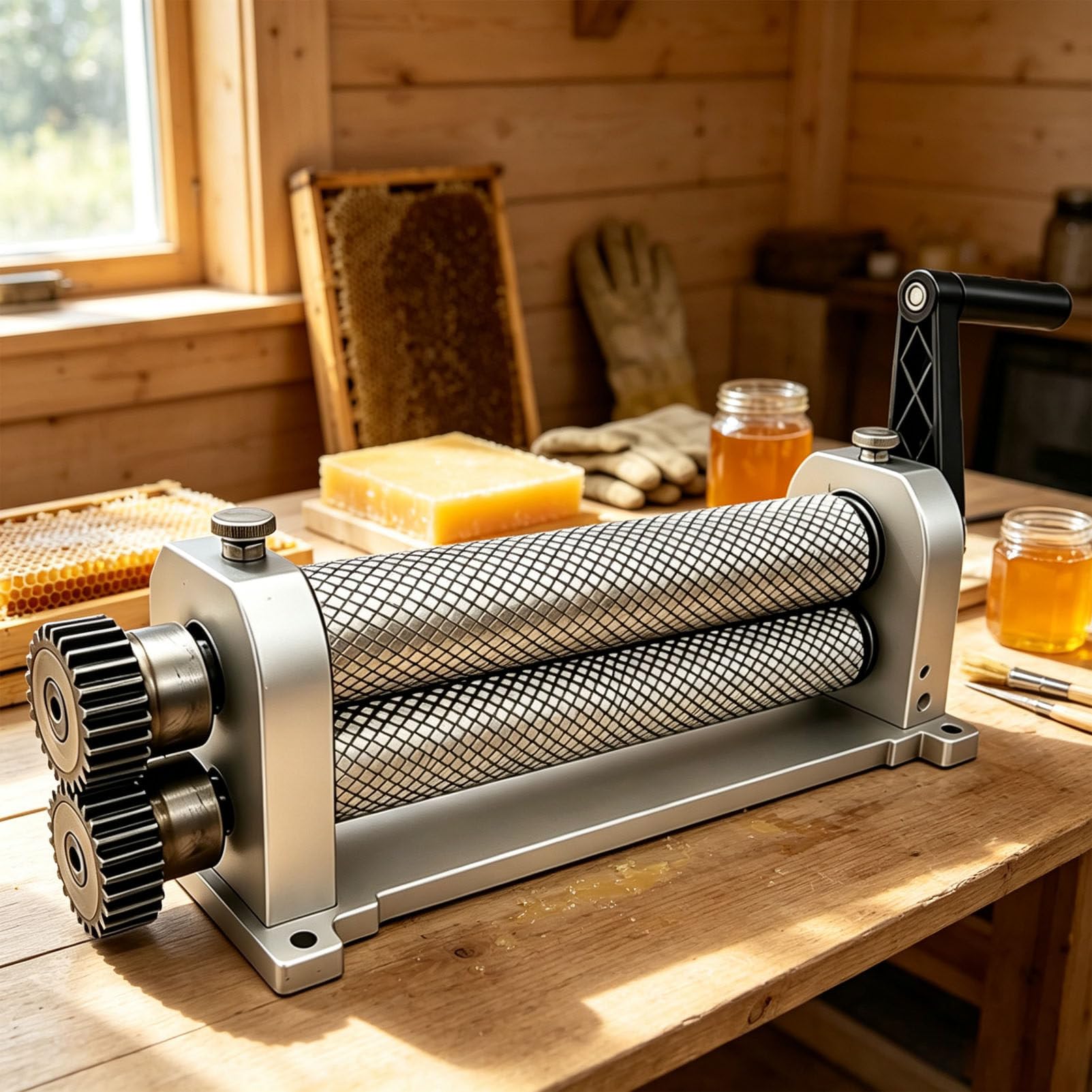 Pfps Beeswax Comb Foundation Roller Mill, 280mm Hand-Operated Wax Press, Aluminum Alloy Printing Stamper with 4.9mm Cell, for Making Honeycomb Sheets 5.4mm