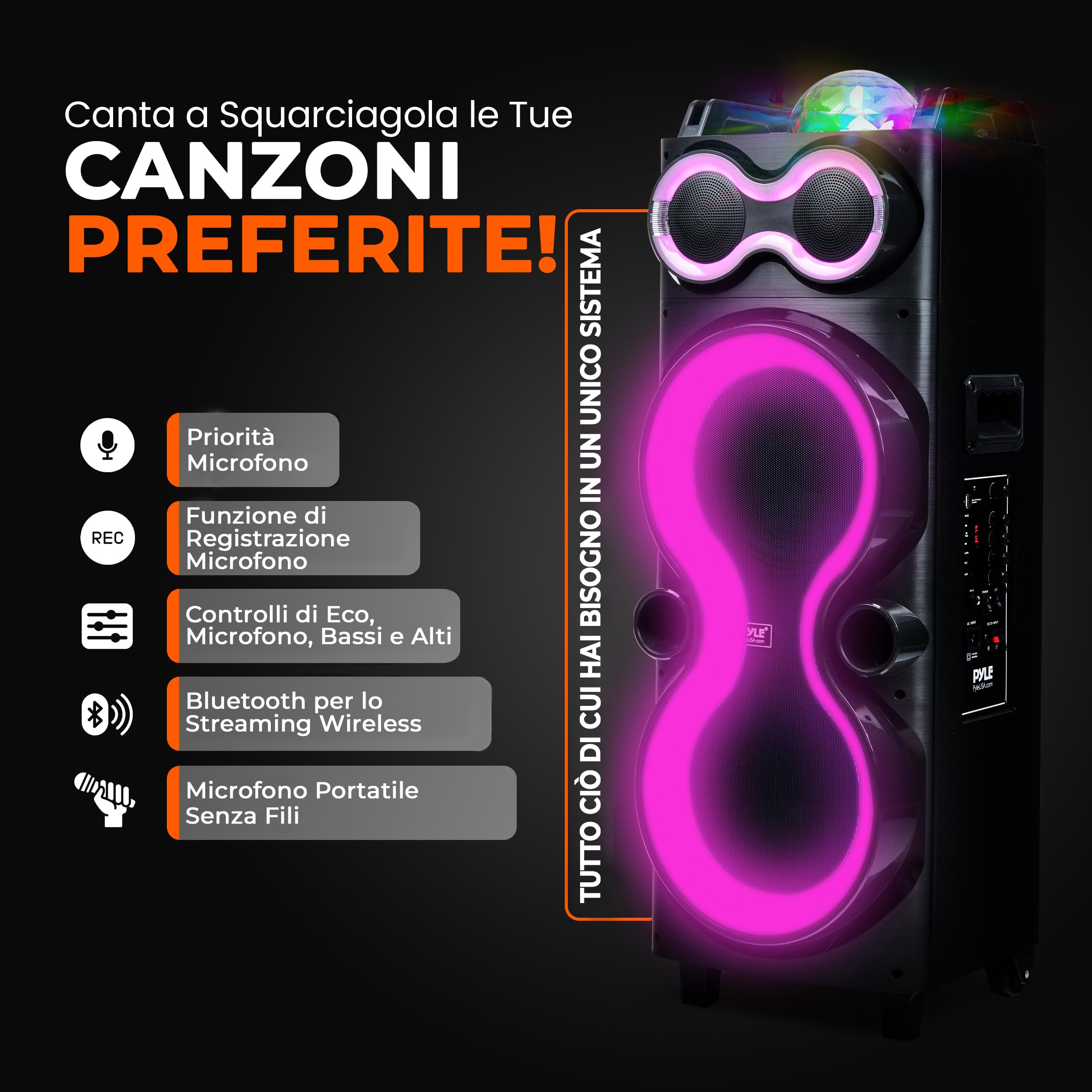 Pyle Cassa Bluetooth Potente 240 Watt, Speaker con Microfono Wireless, Altoparlante Bluetooth Portatile 25 cm, Karaoke, Batteria Ricaricabile, USB/SD/AUX/FM, LED, Esterno/Interno