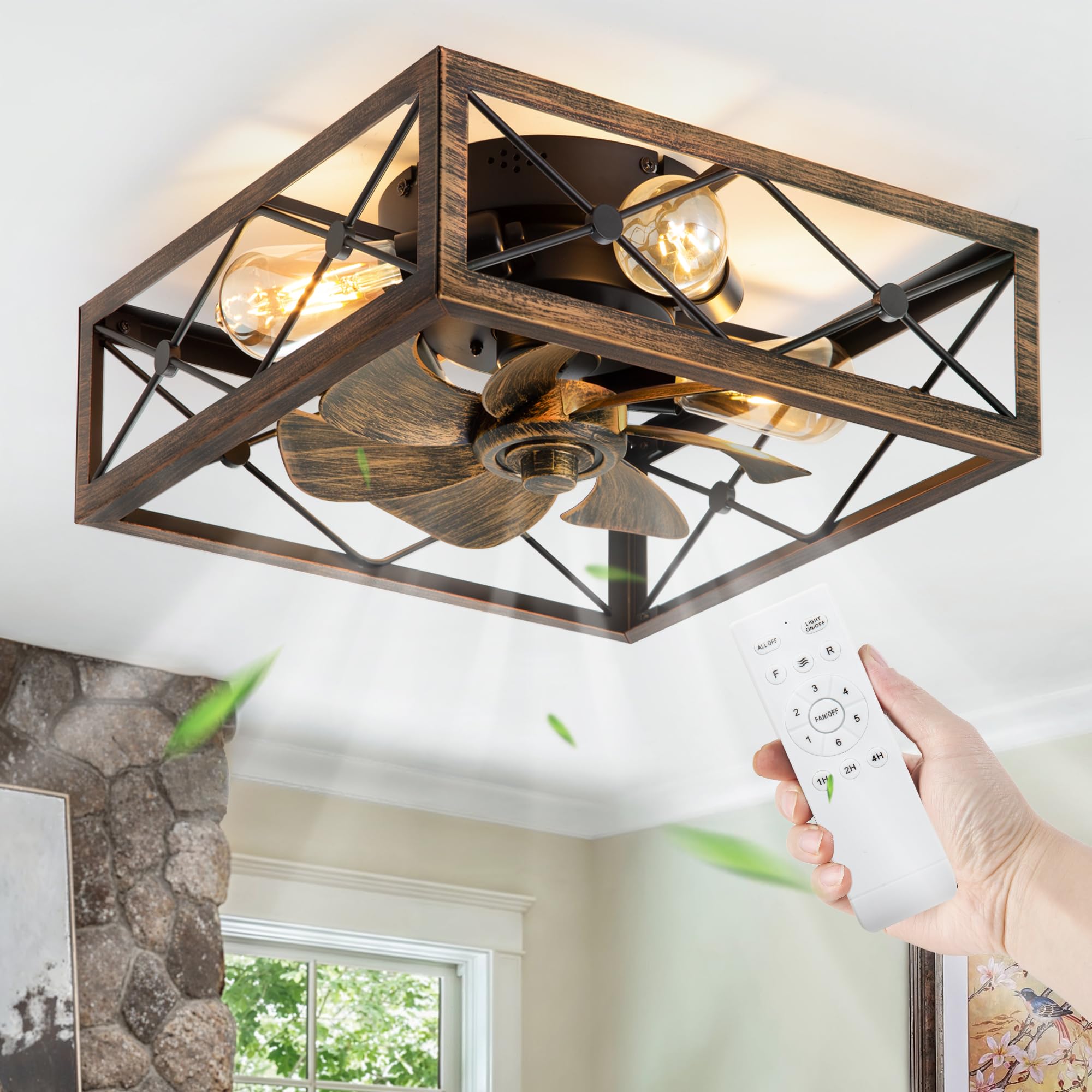 LEDIARY Caged Flush Mount Ceiling Fans with Lights and Remote, Black and Brushed Gold Square Low Profile Rustic Ceiling Fan, 6 Speed and Reversible,