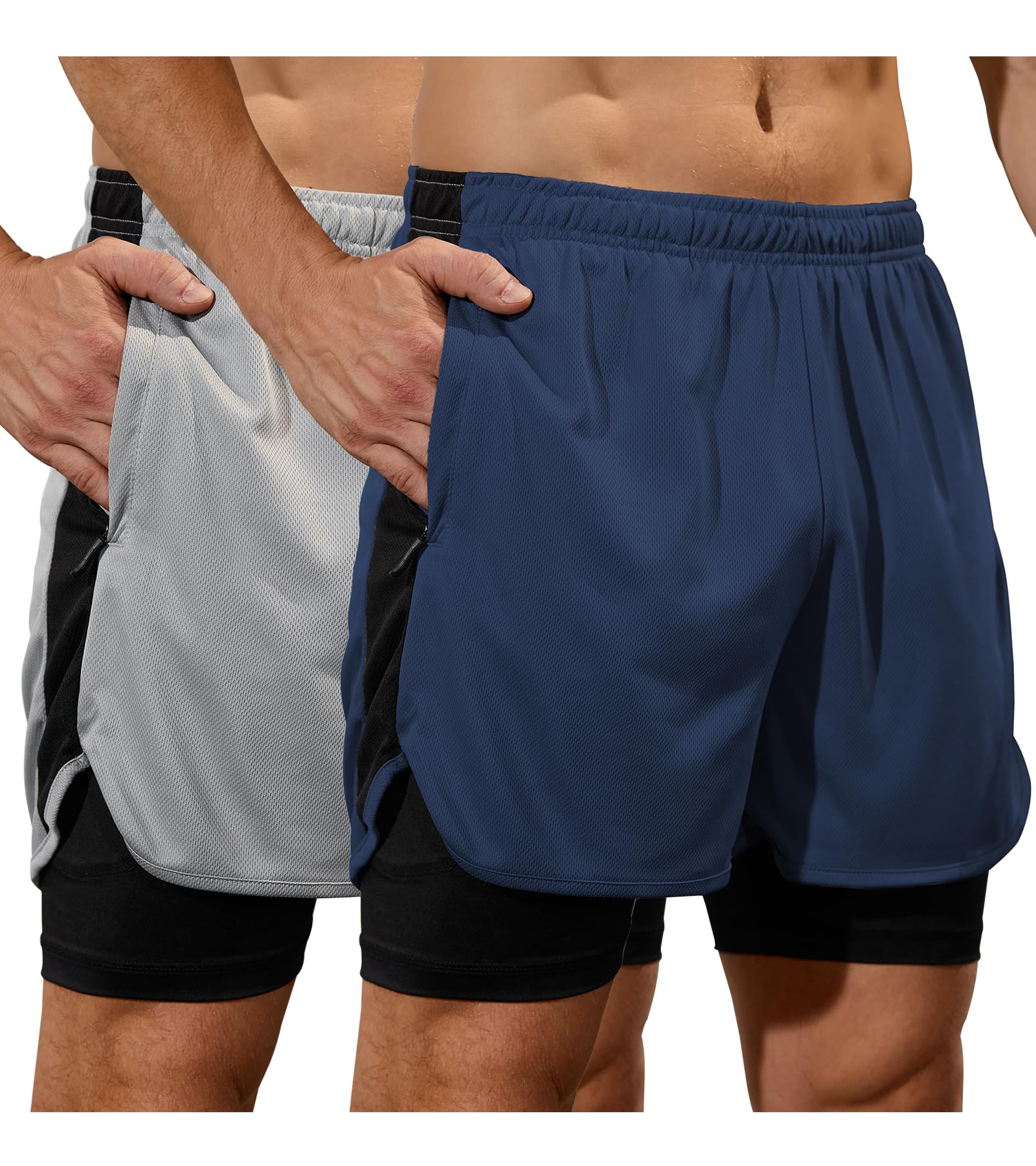 SILKWORLD Mens Running Stretch Shorts 2 in 1 Gym Workout Shorts Quick Dry Stretch Athletic Shorts with Pockets