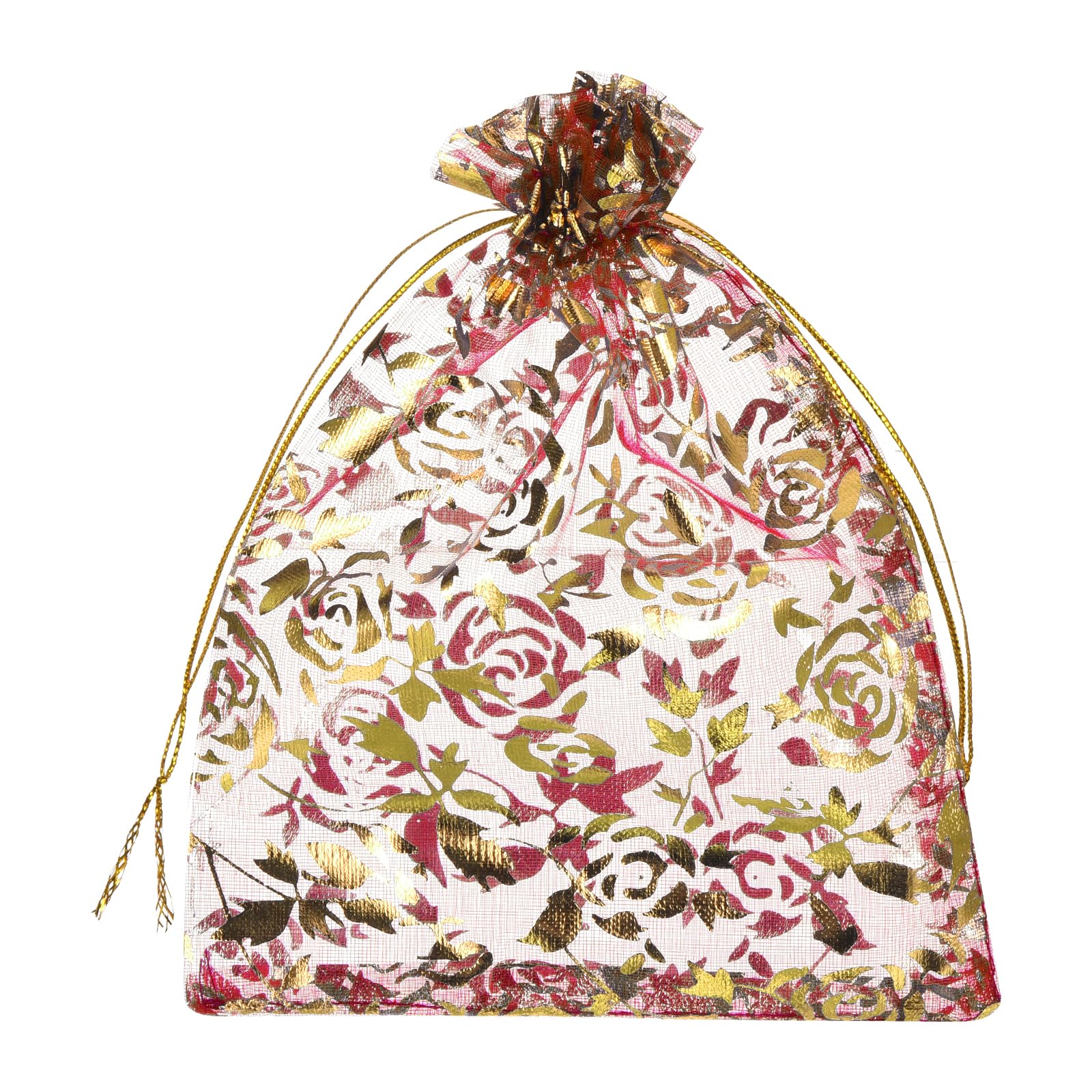 sourcing map Organza Bag 4" x 6", Sheer Flower Heart Mesh Bags Drawstring Gift Bags Bulk Party Favor Bag Jewelry Pouches for Wedding Candy Valentines (Red-Gold, Pack of 50)