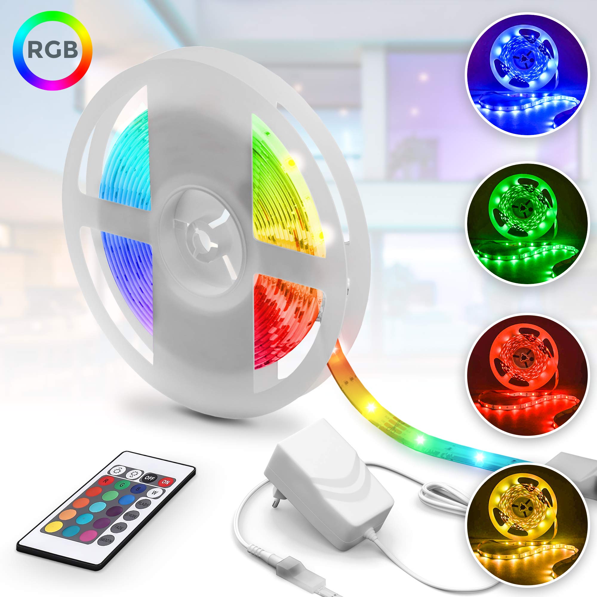 B.K.Licht Striscia LED 3m, cambio colori RGB con telecomando, dimmerabile, adesiva, accorciabile, nastro luminoso LED, alimentatore spina europea, bianca, per interni IP20