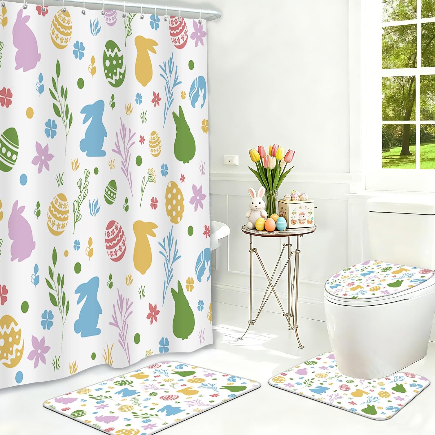 MEHOFOND 4pcs Easter Shower Curtain Sets Spring Easter Bunny Shower Curtain Set for Bathroom Spring Flower Floral Rabbits Colorful Eggs Bathroom Decor with Non-Slip Rugs Toilet Lid Cover and Bath Mat