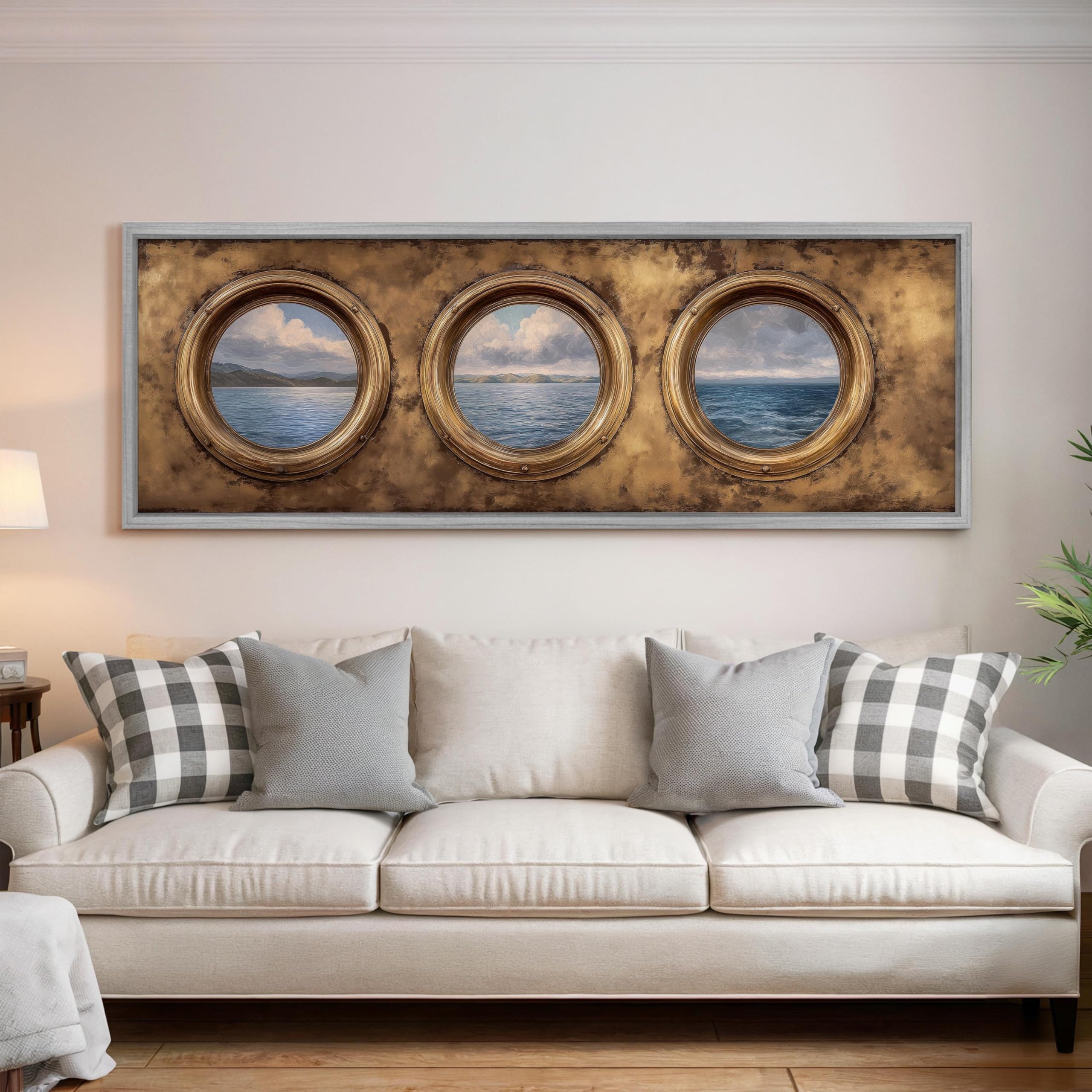 XBTYKPB Porthole Seascape Painting, Wide Panoramic Canvas, Long Narrow Framed Art, Large size Nautical Decor, Coastal Wall Art(60x180cm/Frameless)