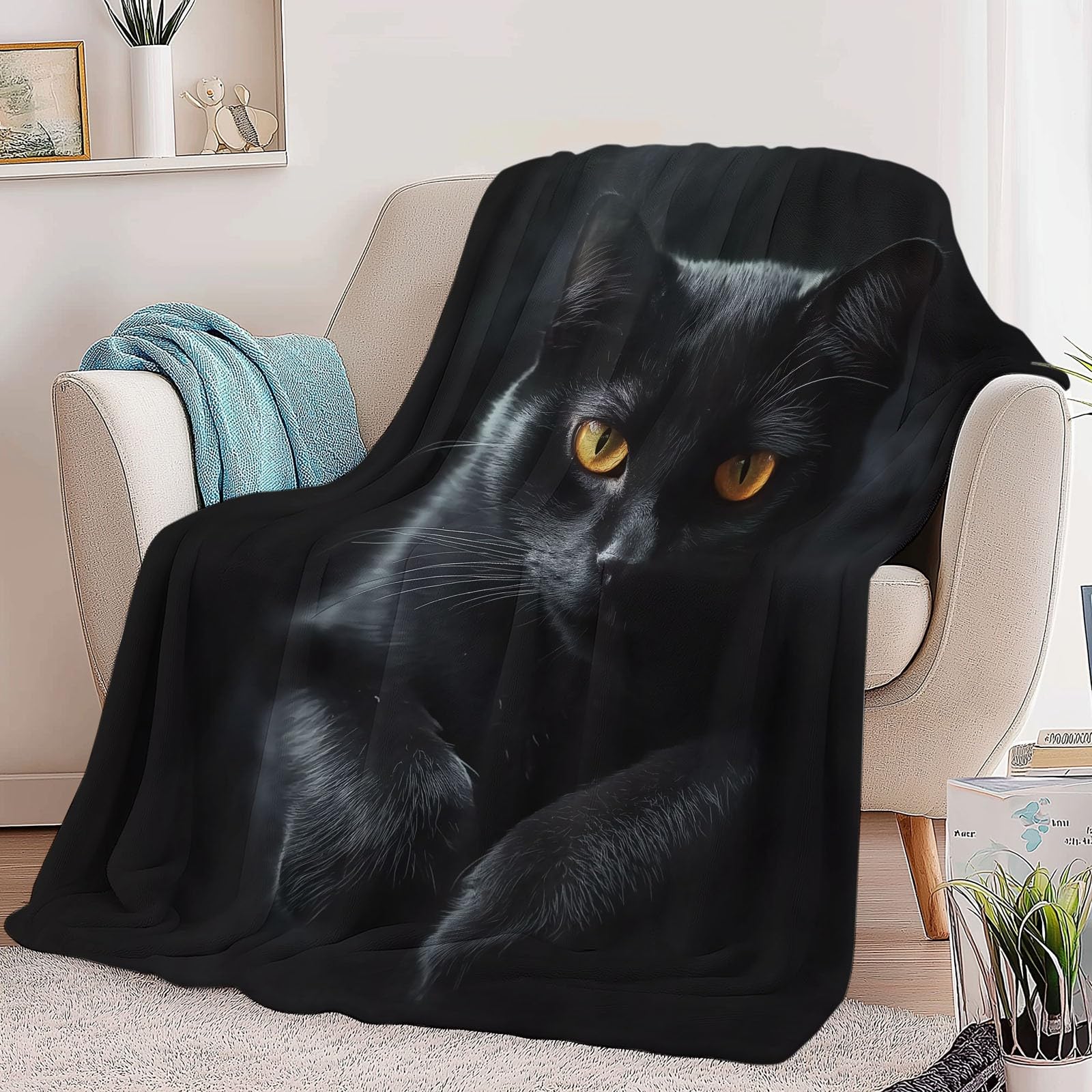 wohndecke Tier Schwarze Katze, Super Weiche Gemütliche Warme Flanell-Wurfdecke, leichte dekorative Klimaanlagen-Decke, Sofa Couch Wohnzimmerdekoration für Erwachsene Kinder Büro 150 x 200 cm