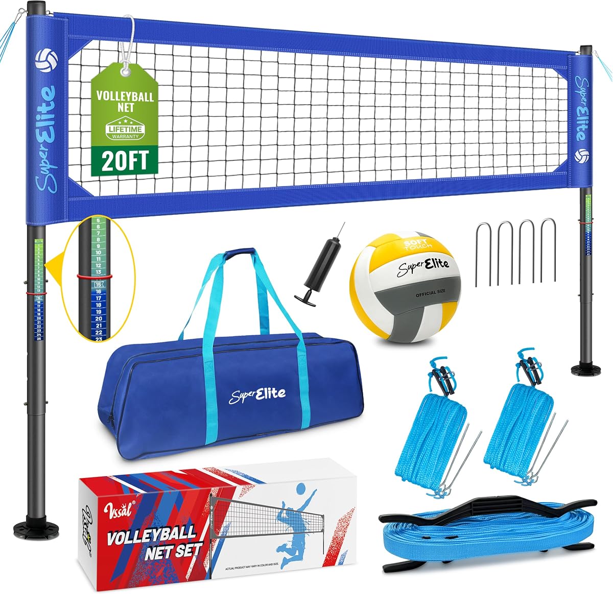 Outdoor Volleyball Net Set 20 ft for Backyard, Portable, Aluminum Poles | Weather Resistant Professional Heavy Duty System for Beach Grass, Anti-Sag, Adjustable 3 Official Height, Carry Bag