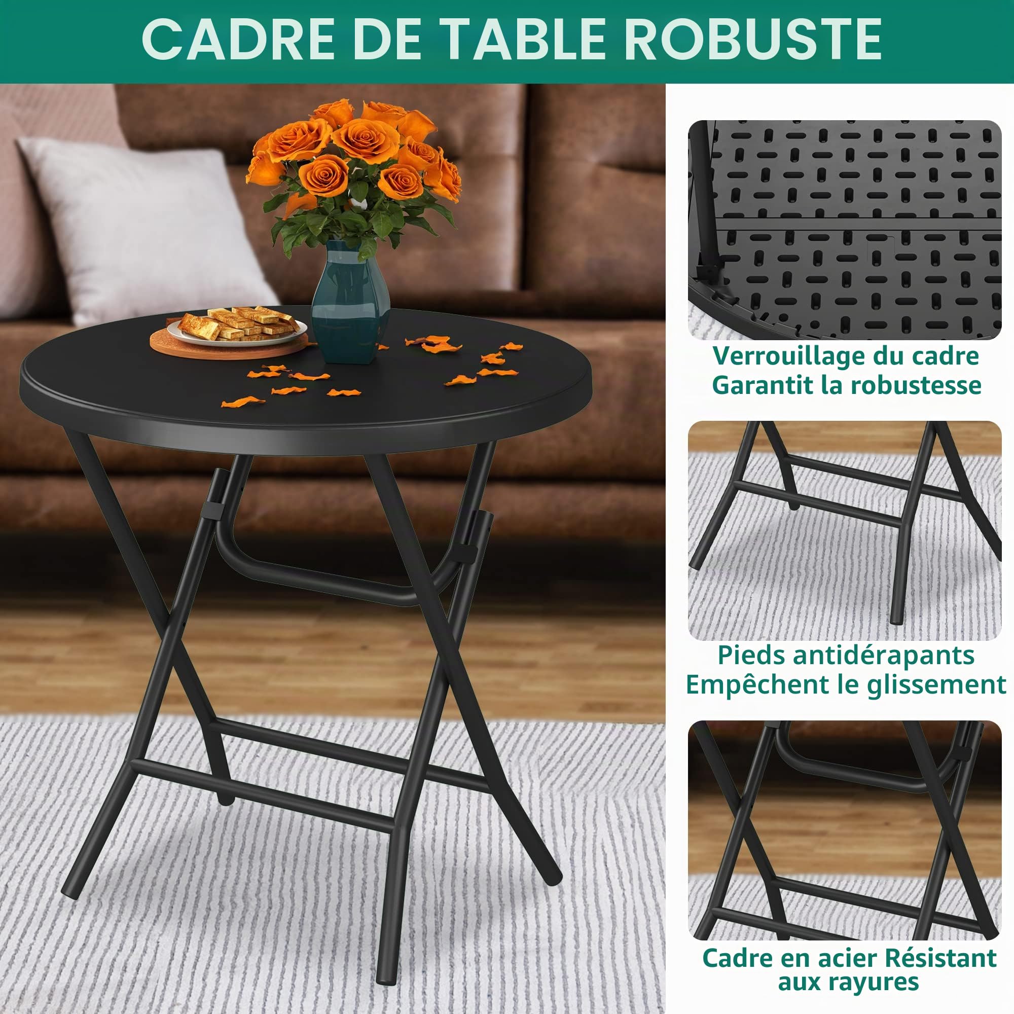 YITAHOME 80cm Table Pliante, Table de Jardin Ronde Robuste,Table Bistrot Table de Balcon pour Fête en Plein Air Barbecue à la Plage, Cadre Métallique Anti-Rouille, 80 x 80 x 74cm, Noire