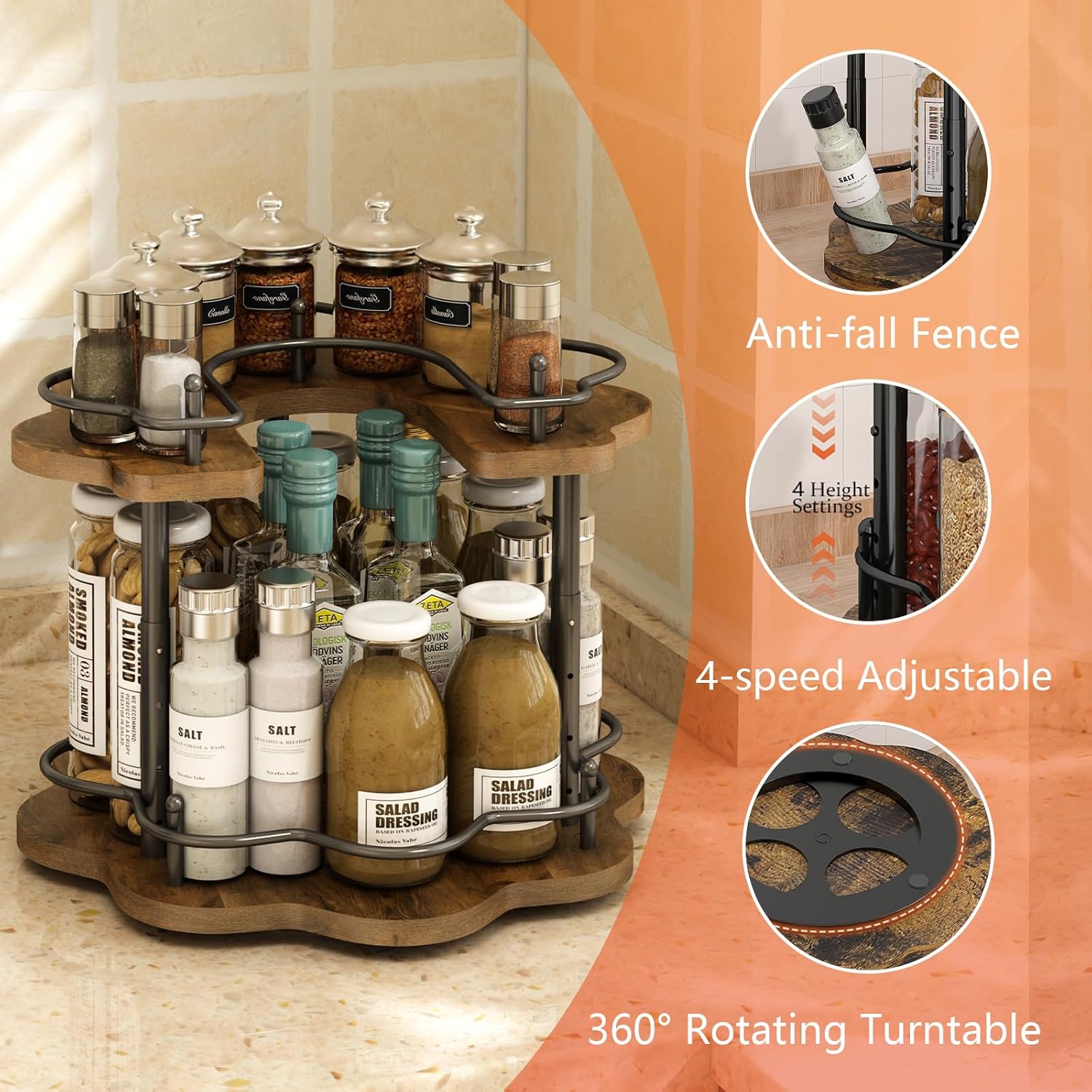 2 Tier Lazy Susan Organizer,2-Tier Spinning Spice Rack with Stable Carousel Base & 4 Height Settings for Cupboard Kitchen Countertop Dining Table Cupboard (Petal Shape)