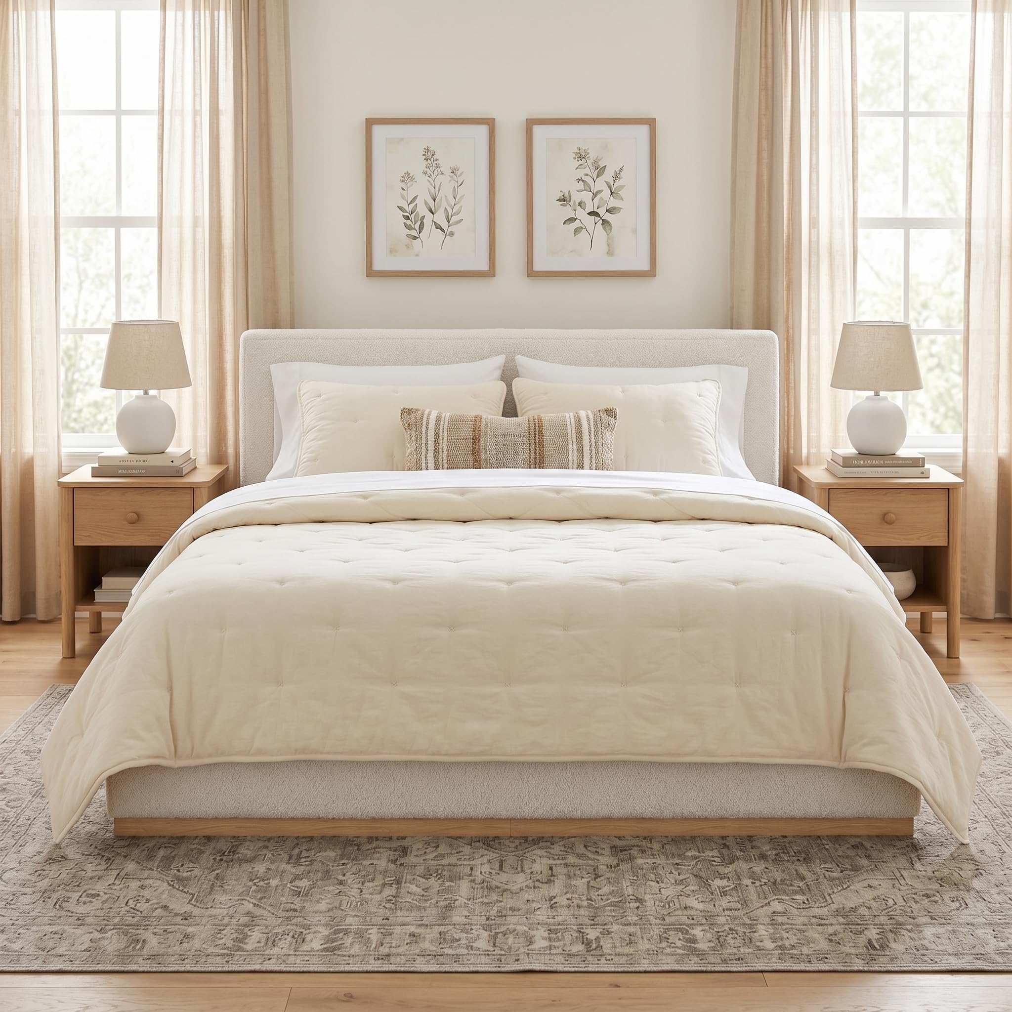 View 1 of ****PARTIAL SET, MISSING A BOX ***** Christopher Knight Home Bettine Modern Boucle King Size Bed Frame and Headboard, Solid Wood King Bed Frame, Slat Panel Support Platform Bed, No Spring Box Needed, Heavy Duty, White+Natural