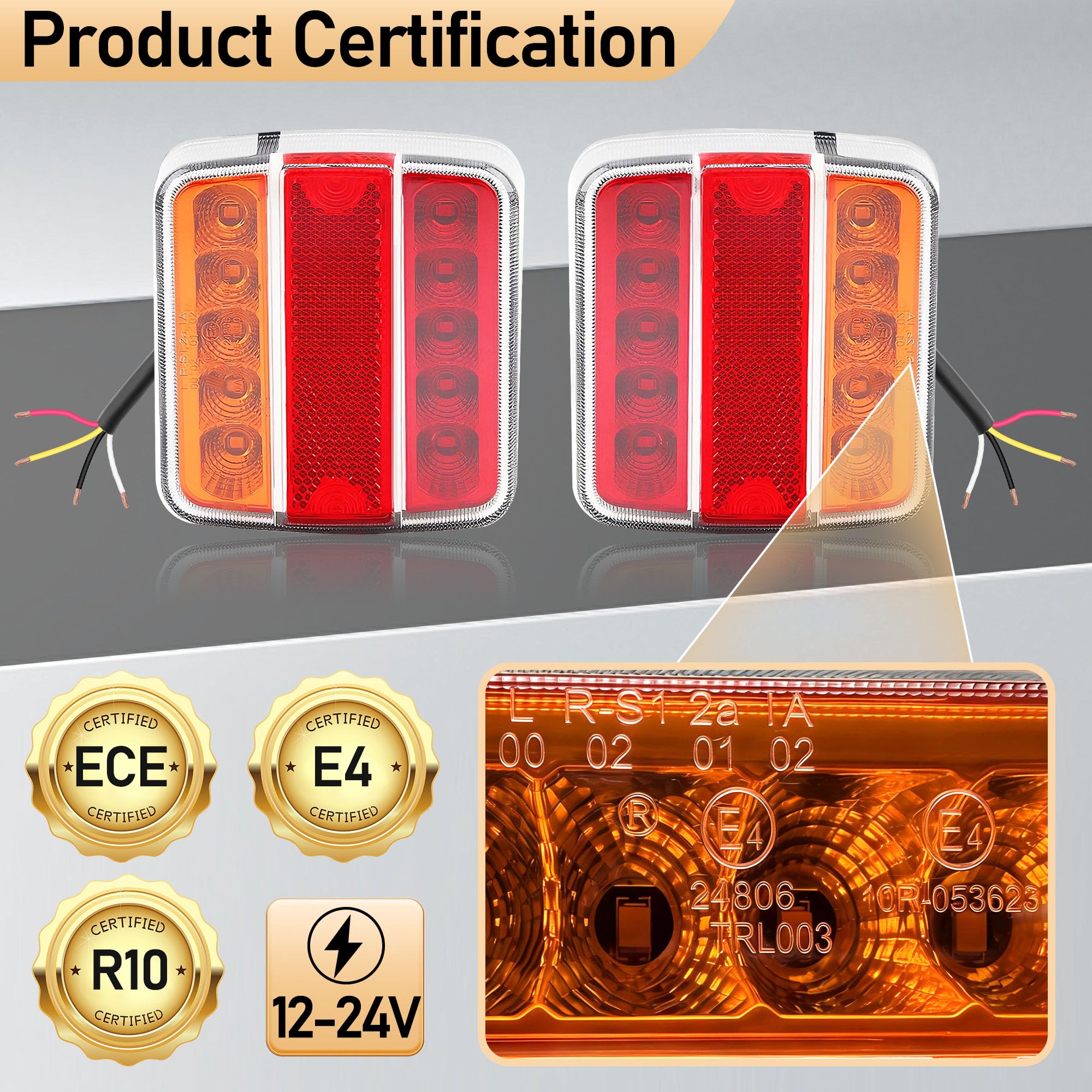 Quadrato Fanali Posteriore Rimorchio LED Omologati E-Mark 12V/24V Impermeabili IP67, 5-in-1 Rosso(Luce di Frecce/Posizione/Targa/Freno/Riflettore) Fissaggio con Perno Per Rimorchio Furgoni