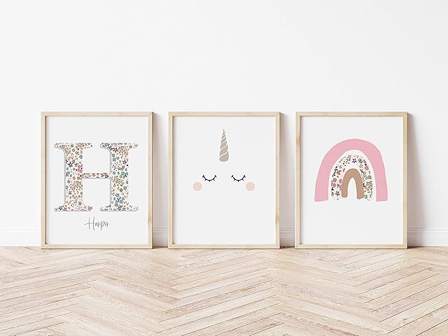 Little Angels Jamboree Personalised Kids Bedroom A4 Prints 3 pack Girls Bedroom Scandi Disty Initial RAINBOW & UNICORNS Pictures/Prints Decor A4 *** NO FRAMES INCLUDED ***