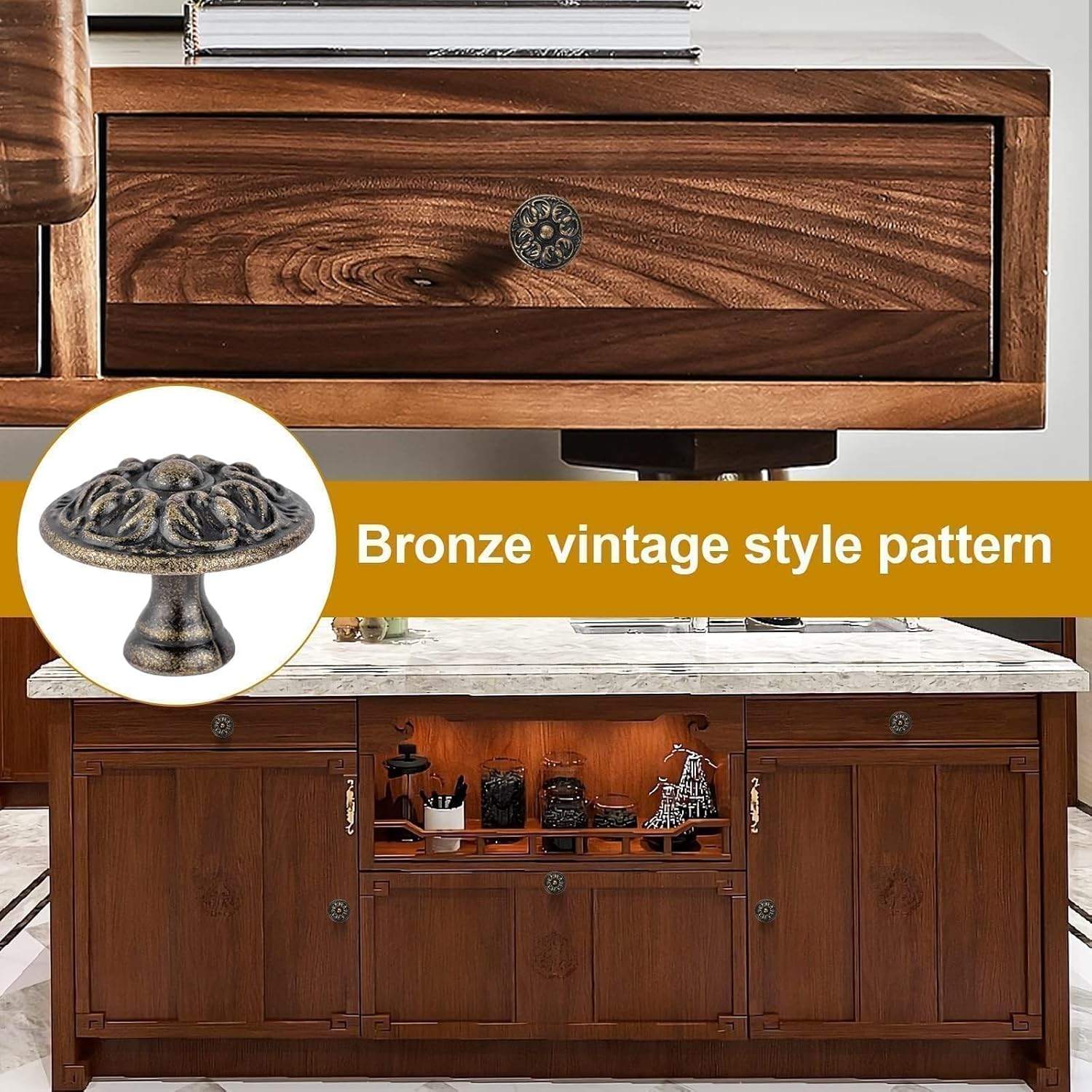 10x Euro Style Antique Brass Kitchen Cabinet Knobs Pull - Vintage Drawer and Dresser Round Handles - Antique Bronzed Floral for Rustic Touch for Cupboard Dresser Wardrobe