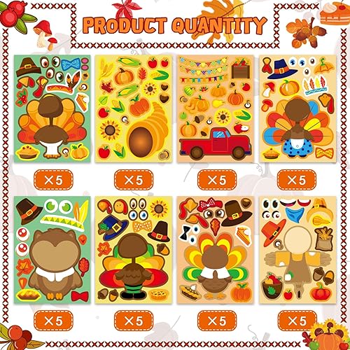 Miniatura 2 de Calcomanías de Acción de Gracias para niños, 40 hojas de calcomanías de cara de pavo, regalos de fiesta de Acción de Gracias, suministros de juegos