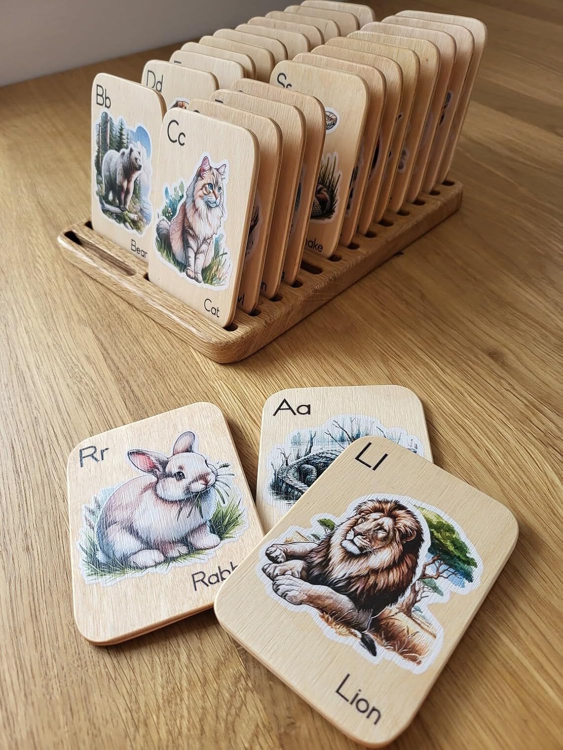 Montessori wooden alphabet flash cards with animals pictures learning letters child gift for kids preschool homeschool teachers gift (Cards in bag)