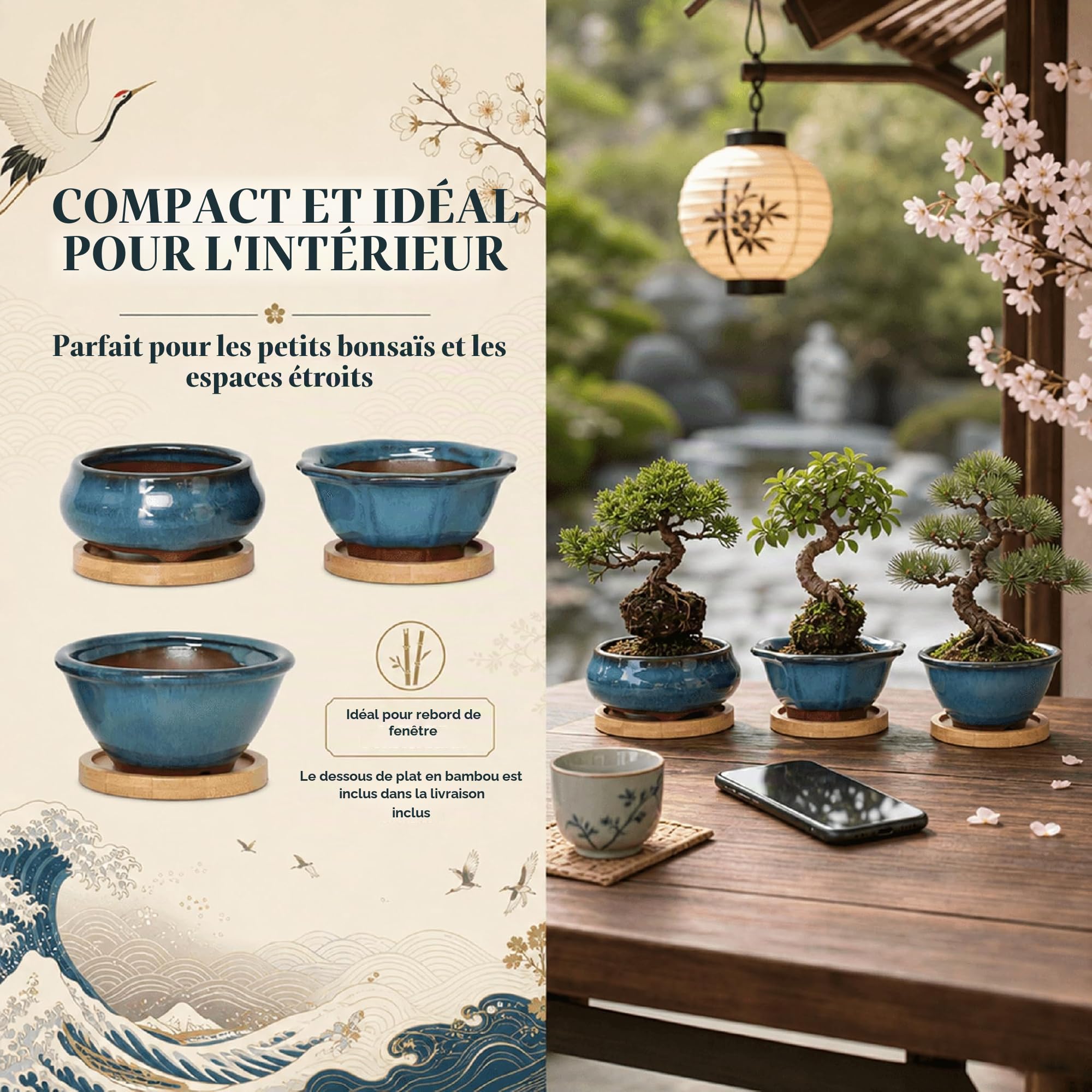 Lot de 3 Pots à Bonsaï en Céramique Émaillée avec Trous de Drainage, Grilles Filtrantes & Plateaux en Bambou| Design Japonais Traditionnel | Idéal Plantes Intérieures & Décoration