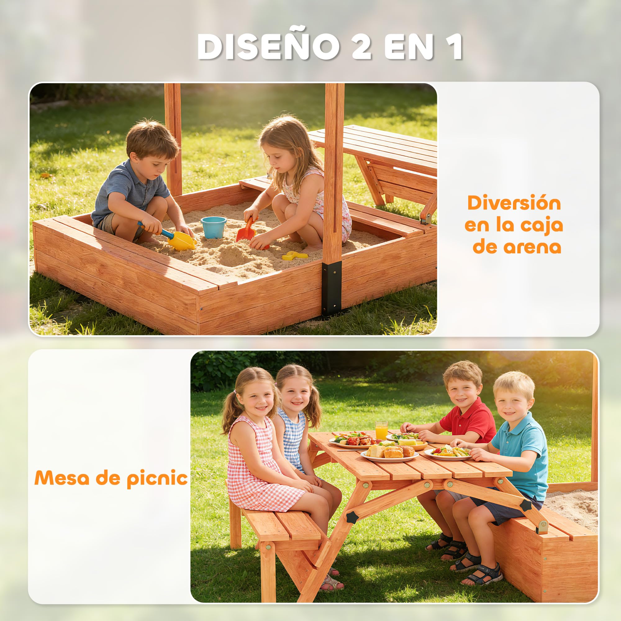 AIYAPLAY Arenero para Niños de Madera con Toldo Ajustable, Mesa Plegable de Picnic con Banco, Cubierta, 184x110x120 cm, Marrón