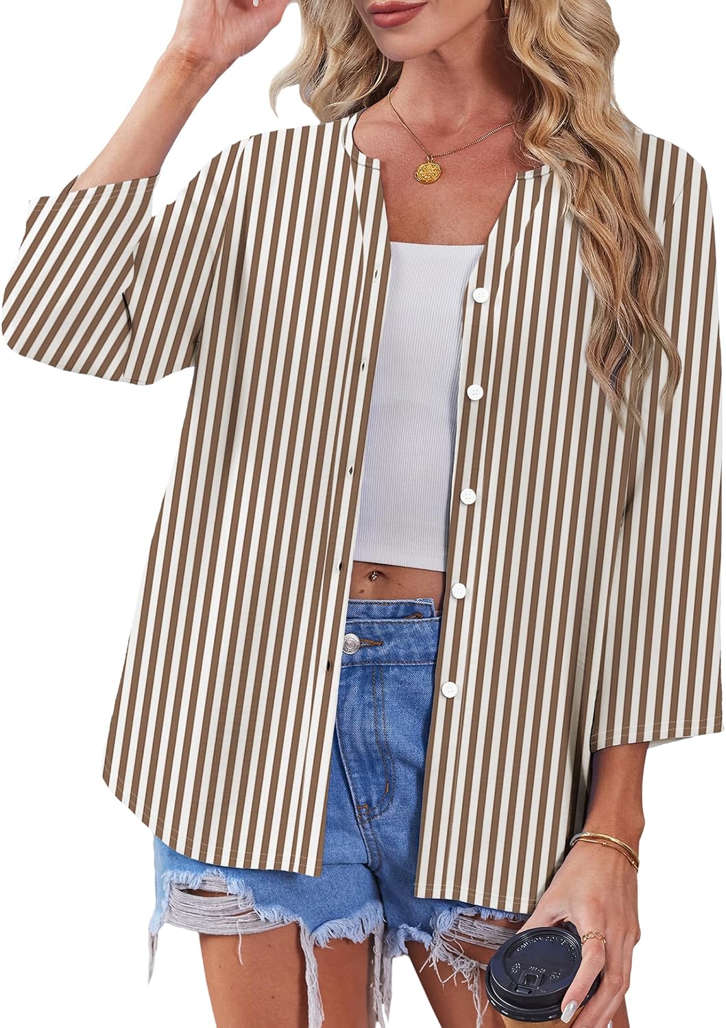 OFEEFAN Button Down Shirts for Women 3/4 Length Sleeve Tops V Neck Blouses Business Casual Outfits Loose Fit thumbnail