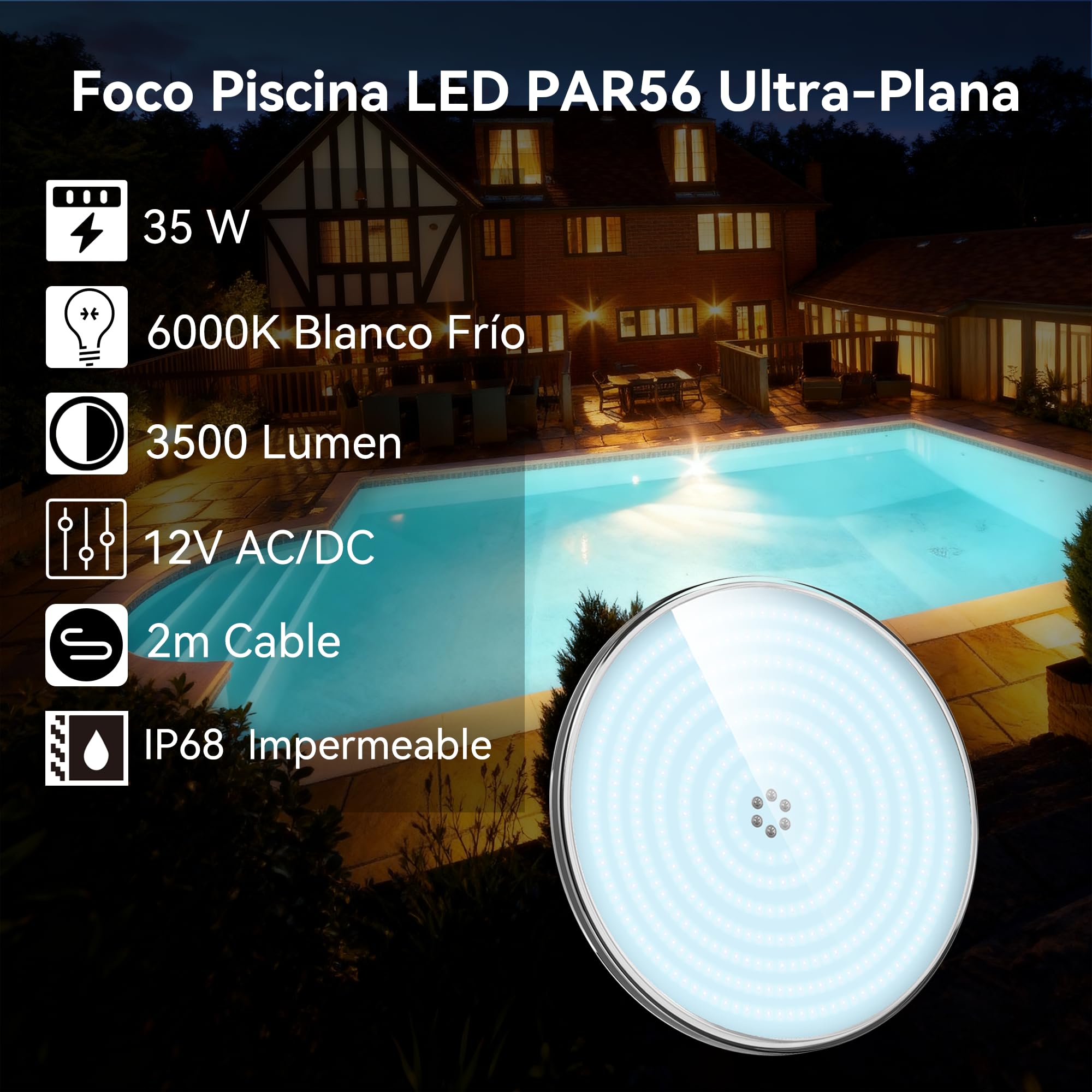 LyLmLe Foco LED Piscina Relleno de Resin, PAR56 35W Lámpara de piscina LED Azul Puro, Iluminación Piscina Empotrable, 1100lm, Ángulo de haz de 140 °,IP68 Impermeable, 12V AC/DC